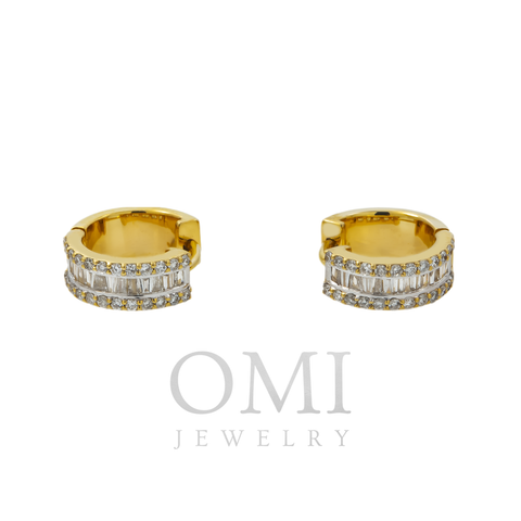 10K GOLD BAGUETTE AND ROUND DIAMOND SMALL HOOP EARRINGS 0.65 CTW