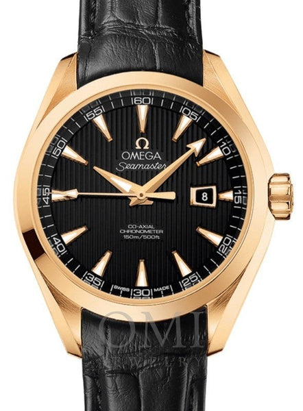 OMEGA SEAMASTER AQUA TERRA 150M CO-AXIAL CHRONOMETER 34MM YELLOW GOLD BLACK DIAL 231.53.34.20.01.001 WITH ALLIGATOR LEATHER STRAP