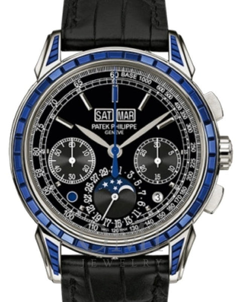 PATEK PHILIPPE GRAND COMPLICATIONS PERPETUAL CALENDAR MOON PHASES CHRONOGRAPH PLATINUM SAPPHIRE BLACK 5271/11P-001 WITH LEATHER STRAP
