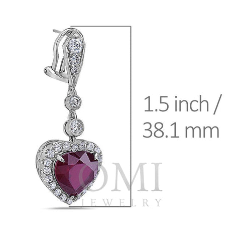 18K White Gold Ladies Heart Shaped Earrings With Ruby And Diamonds