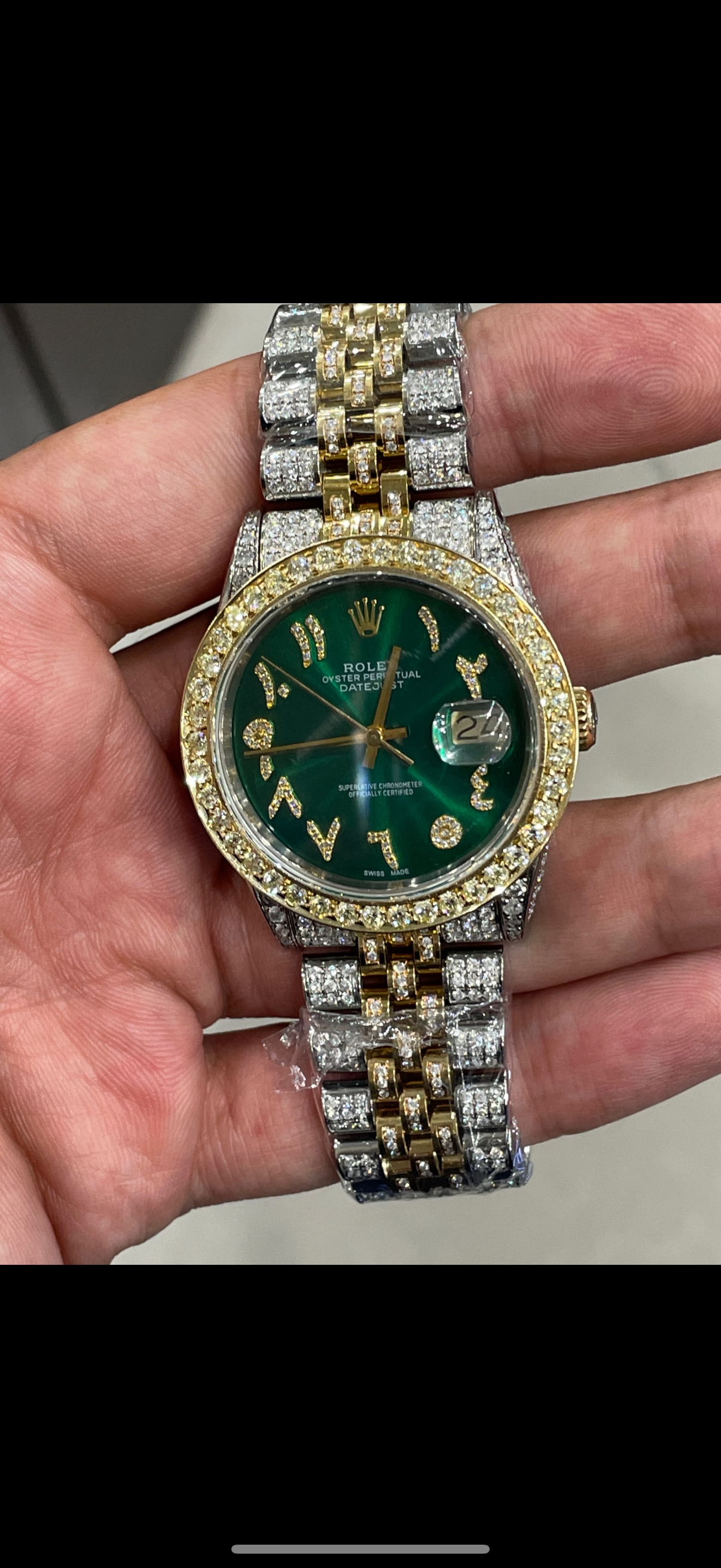 36mm watch two tone with lab diamonds case and bezels green dial