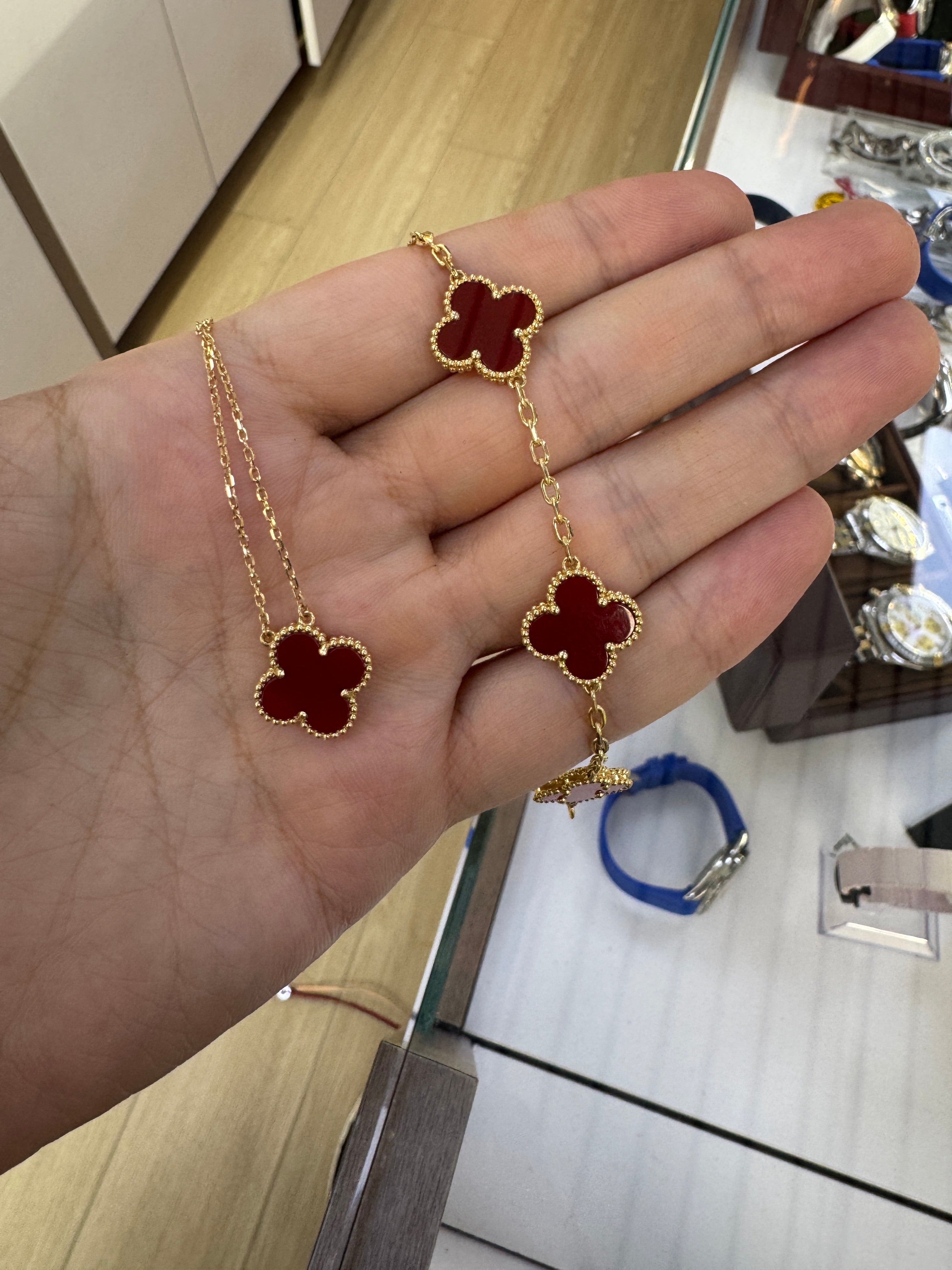 18k clover red bracelet and necklace