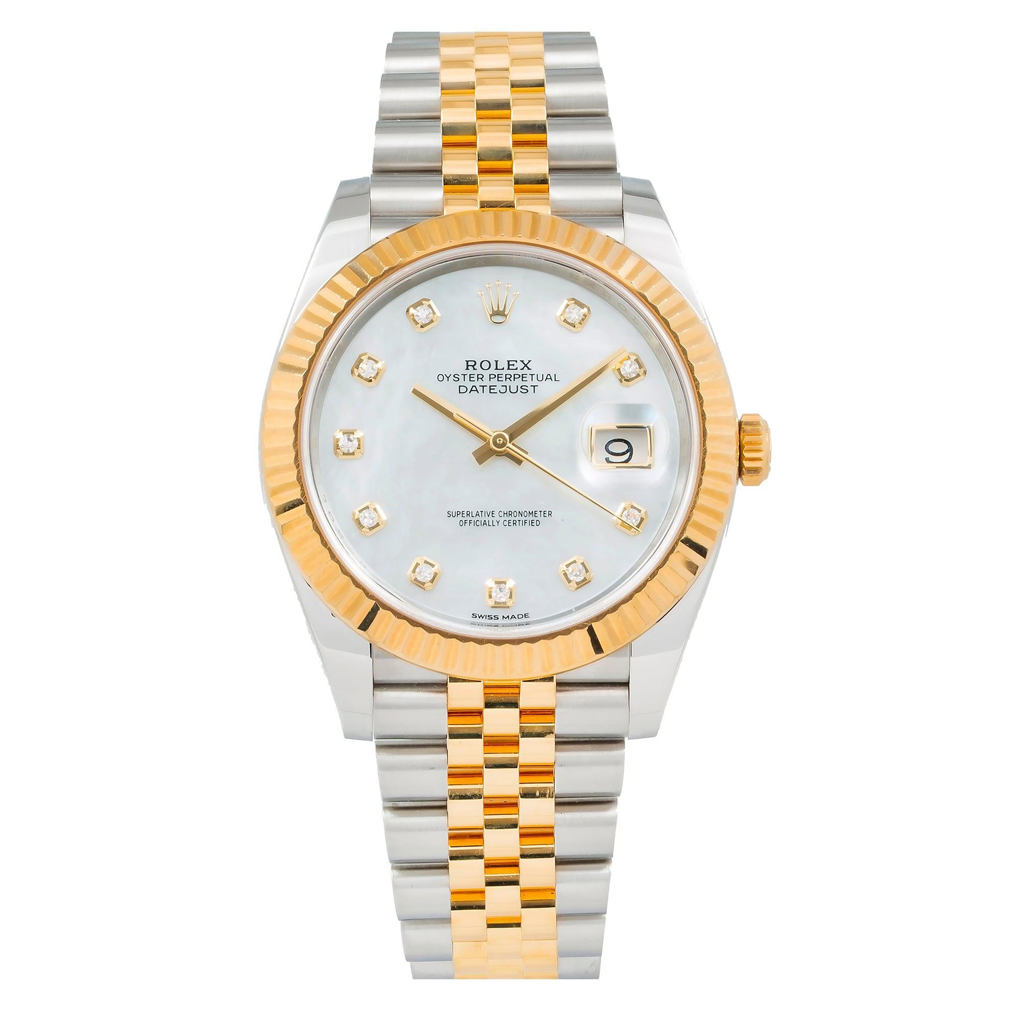 Rolex Datejust 41MM 126333 Mother of Pearl Diamond Dial Yellow Gold Fluted Bezel Two Tone Jubilee Bracelet