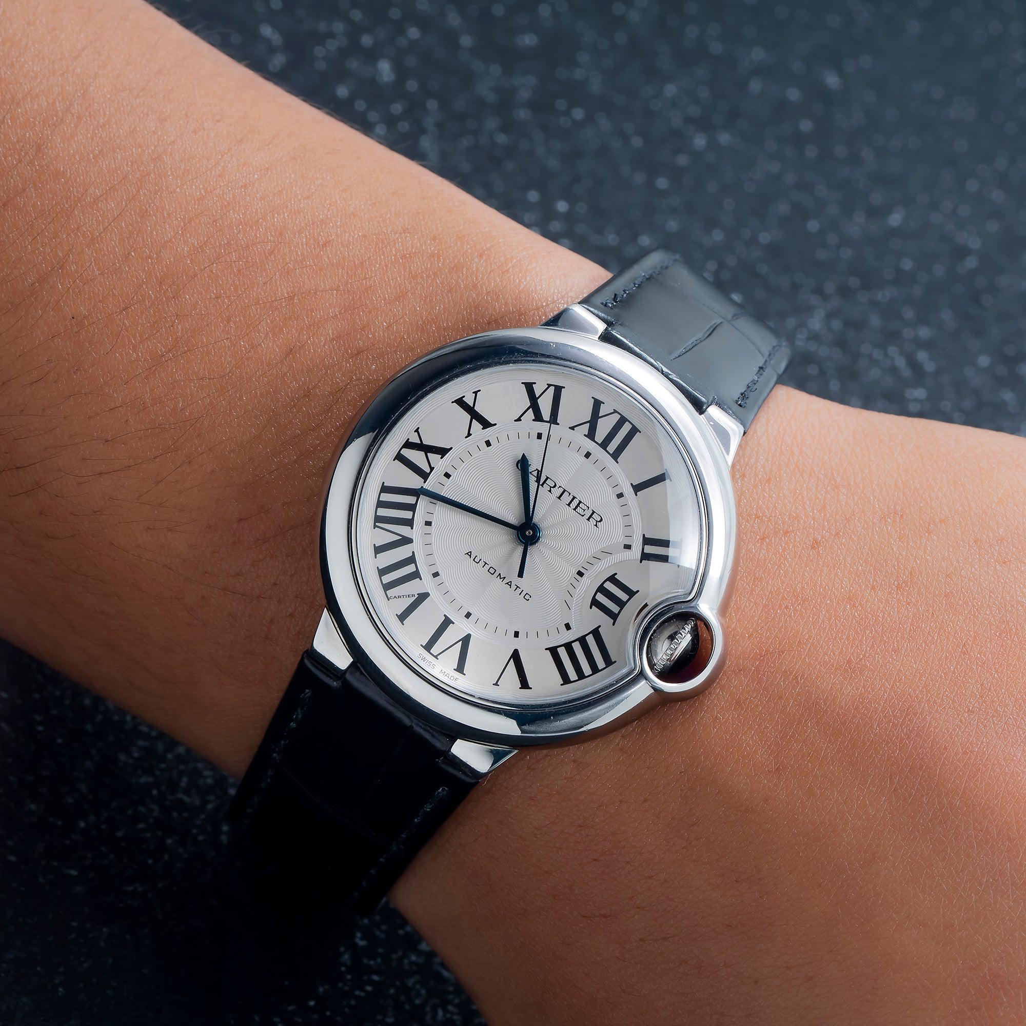 Cartier Ballon Bleu 36MM WSBB0028 Silver Roman Dial Black Leather Strap