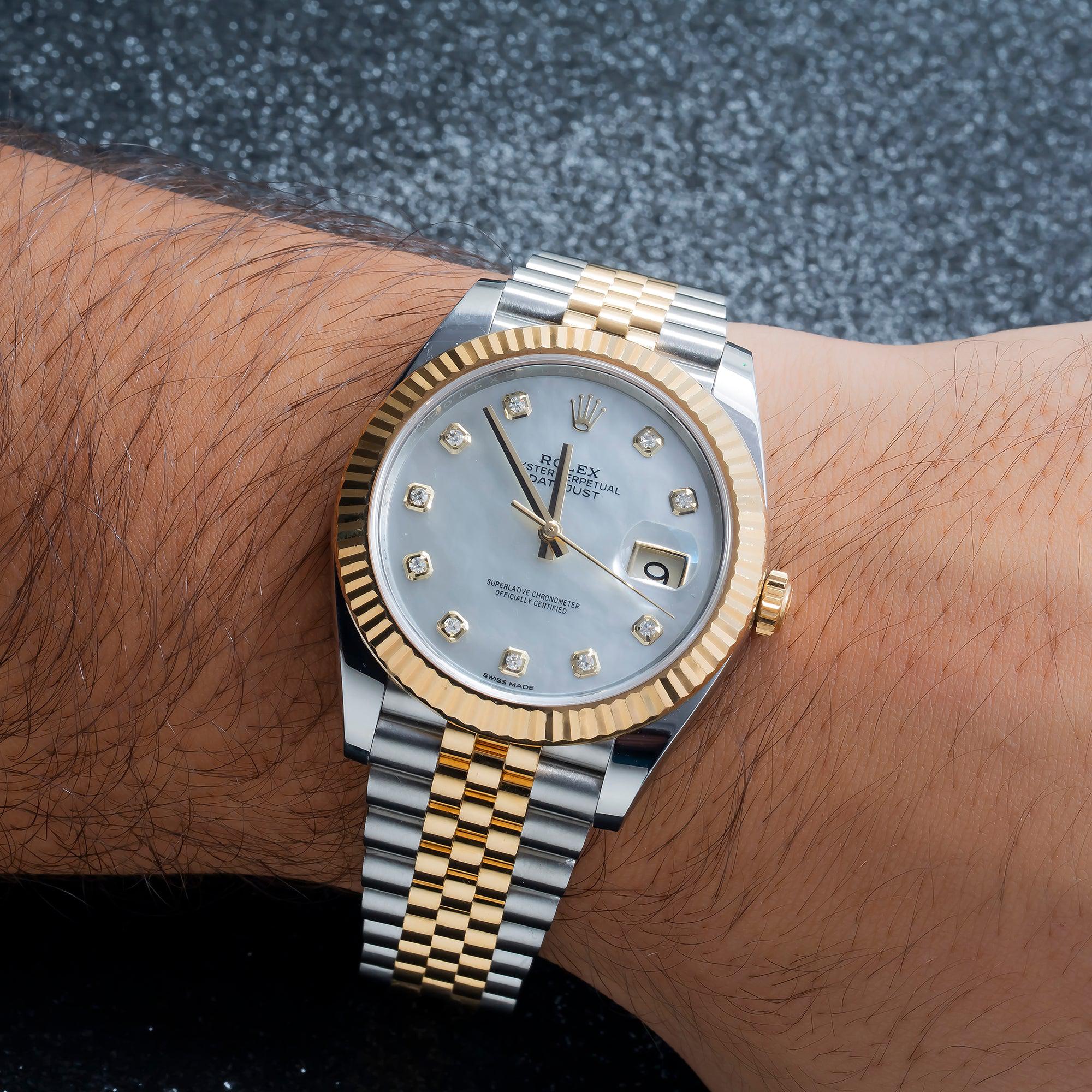 Rolex Datejust 41MM 126333 White Mother of Pearl Diamond Dial Fluted Bezel Two Tone Yellow Gold Jubilee Bracelet