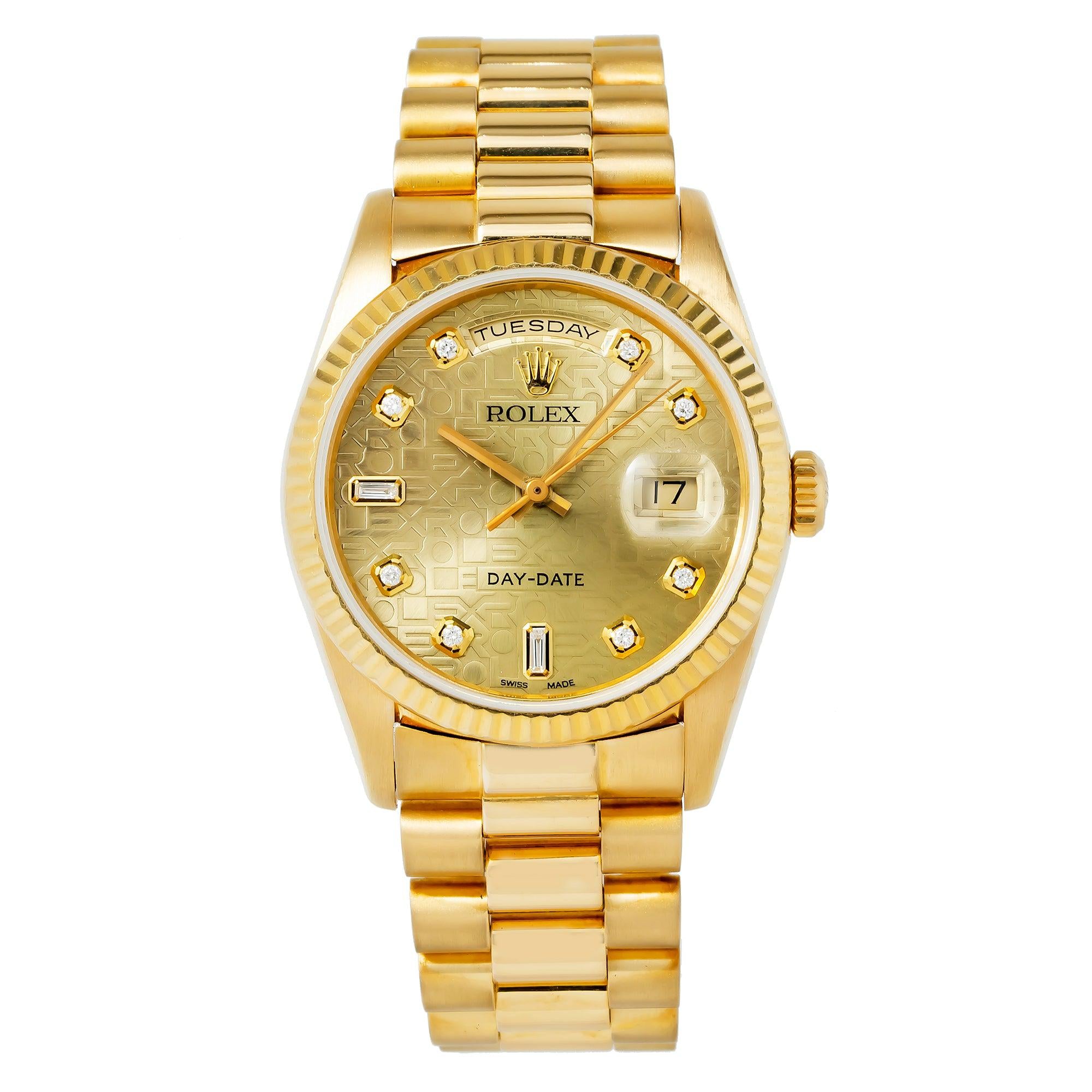 Rolex Day-Date 36MM 18238 Champagne Pattern Diamond Dial Yellow Gold Fluted Bezel 18K Yellow Gold President Bracelet