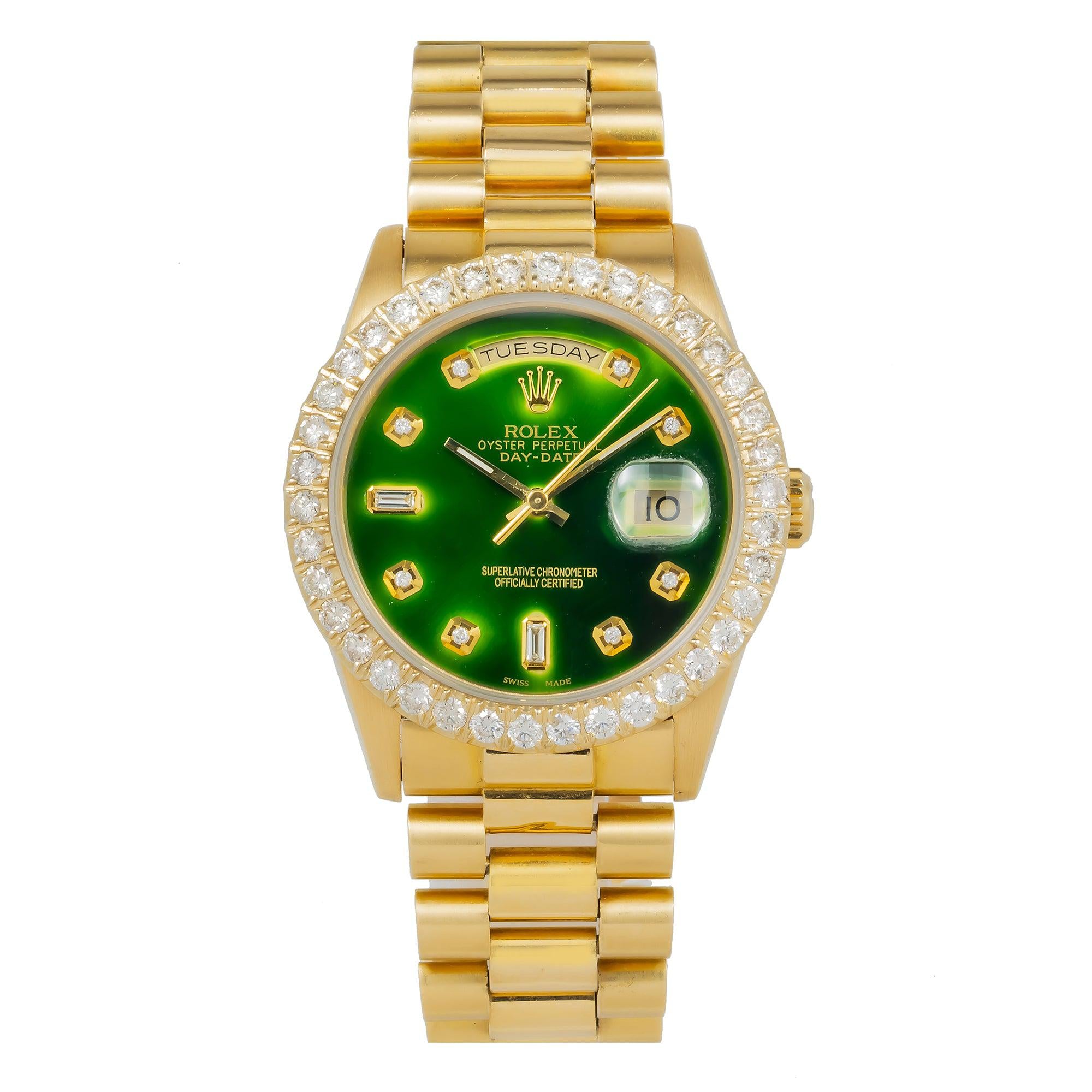 Rolex Day-Date 36MM 18238 Green Diamond Dial Diamond Bezel 18K Yellow Gold President Bracelet