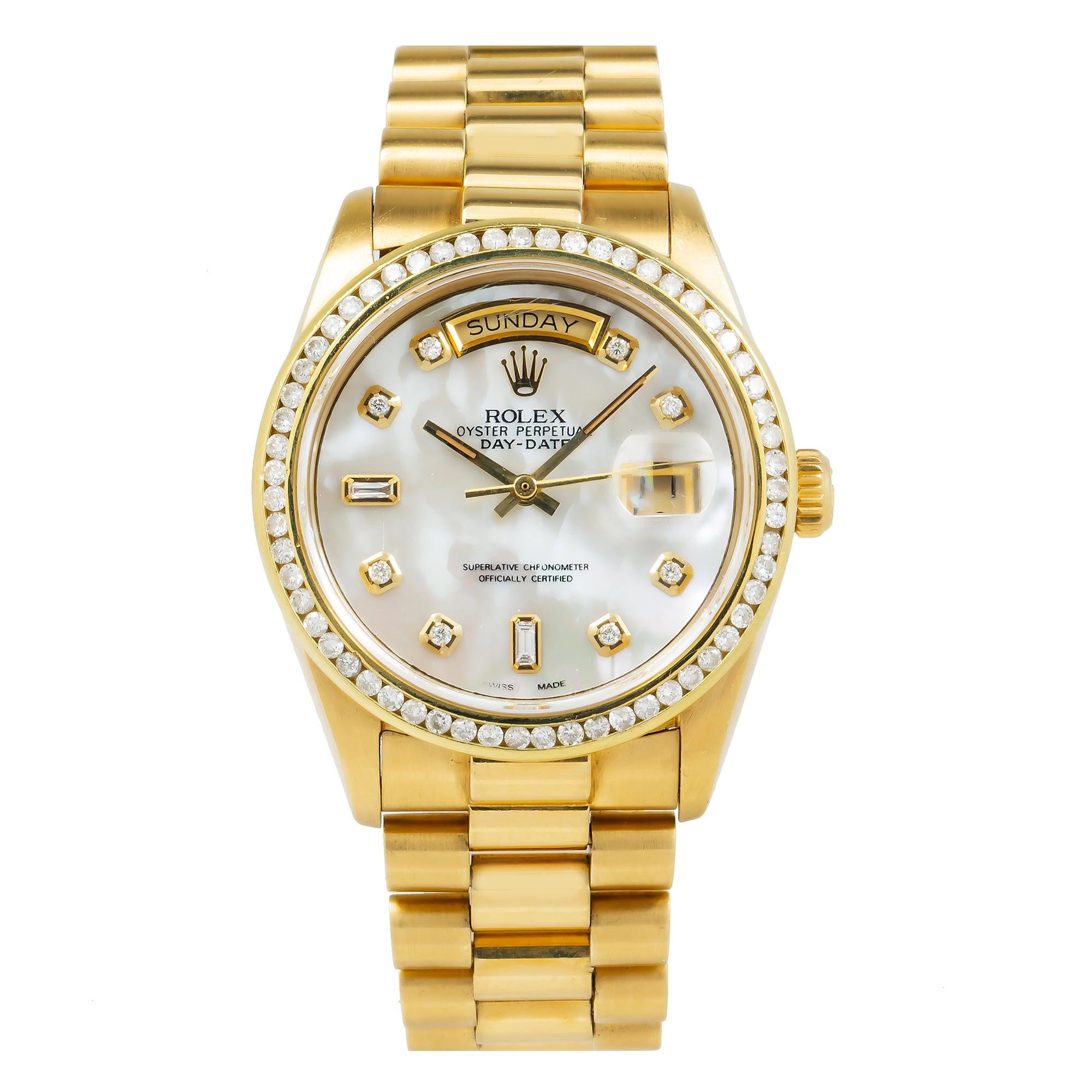 Rolex Day-Date 36MM 18038 Mother of Pearl Diamond Dial Diamond Bezel 18K Yellow Gold President Bracelet