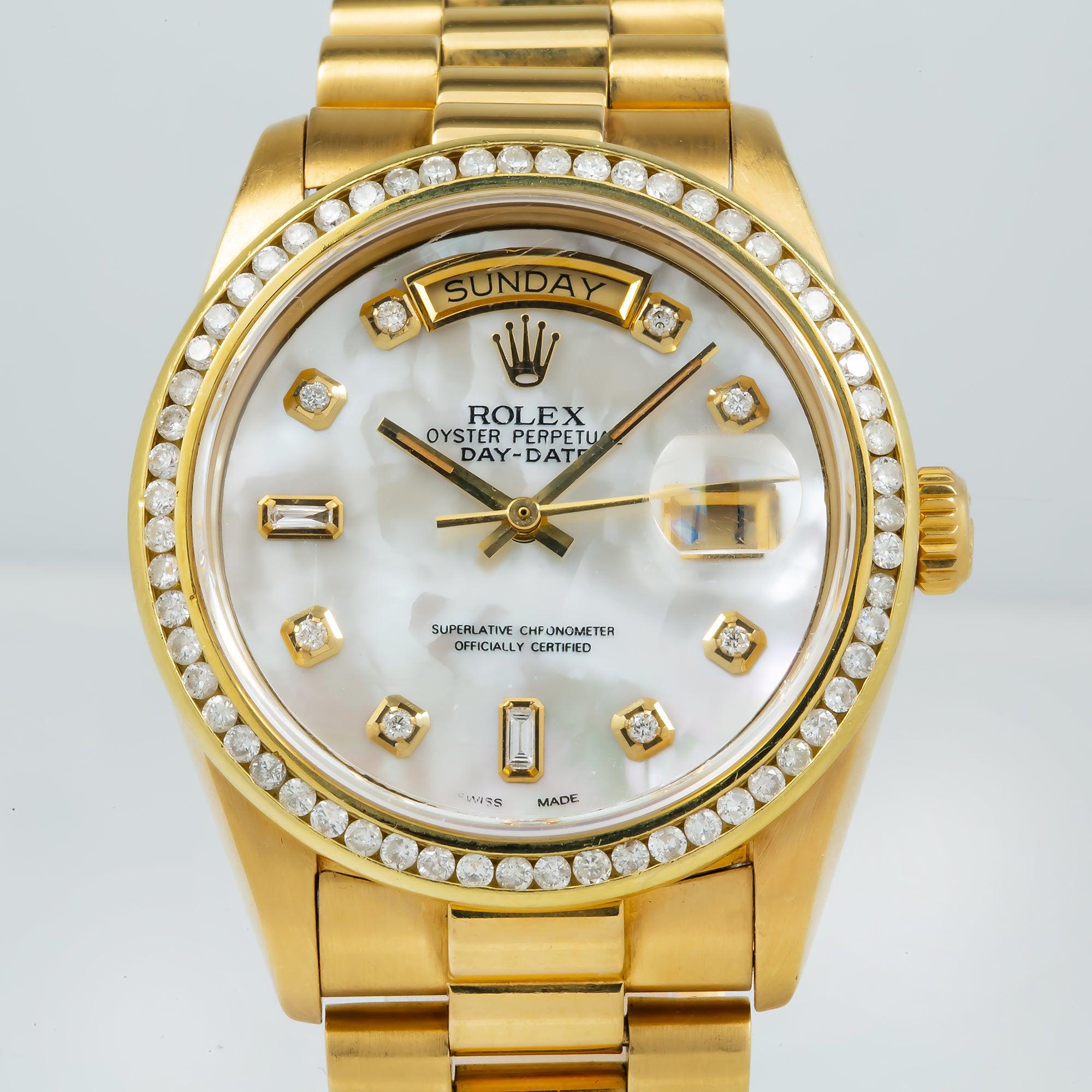 Rolex Day-Date 36MM 18038 White Mother of Pearl Diamond Dial Diamond Bezel 18K Yellow Gold President Bracelet