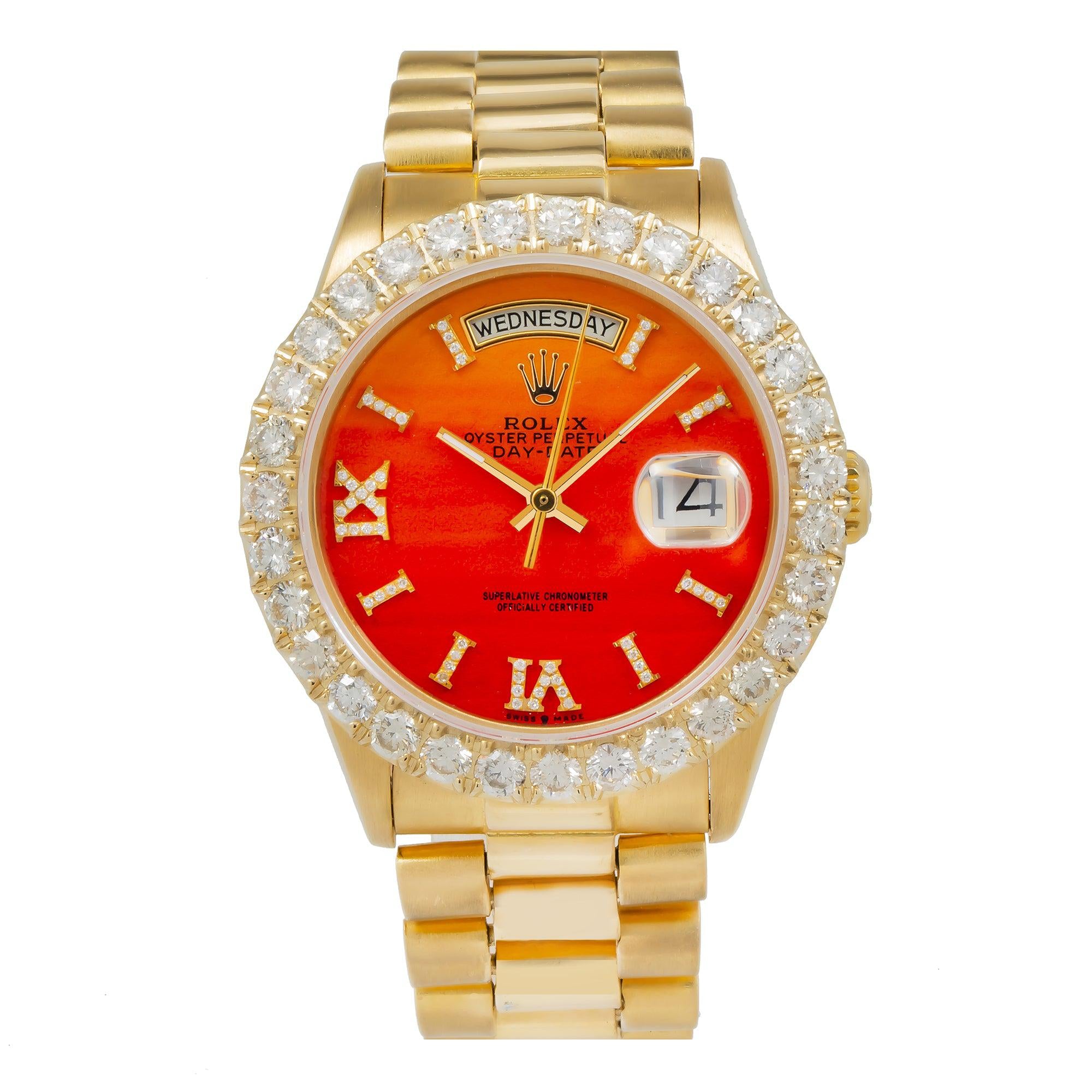 Rolex Day-Date 36MM 18238 Red Roman Dial Diamond Bezel 18K Yellow Gold President Bracelet