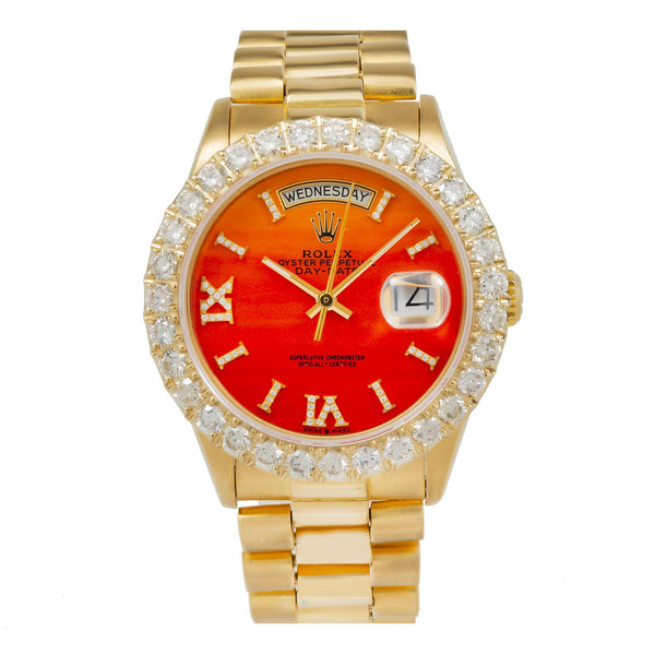 Rolex Day Date 36MM Red Orange Diamond Dial With Yellow Gold