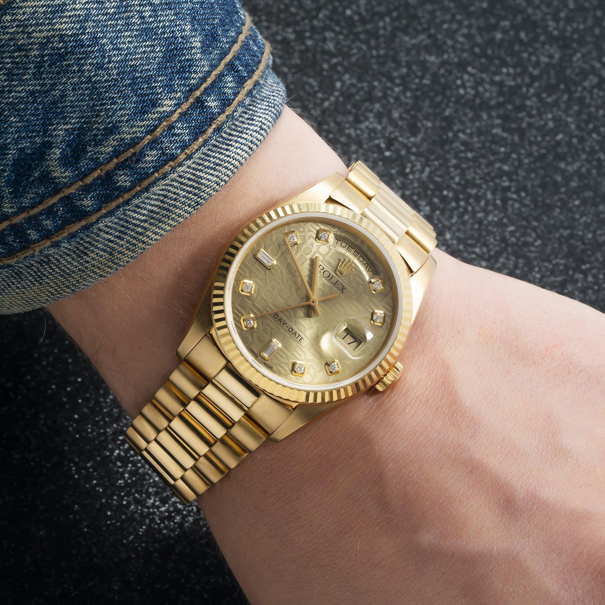 Rolex Day-Date 36MM 18238 Champagne Pattern Diamond Dial Fluted Bezel 18K Yellow Gold President Bracelet