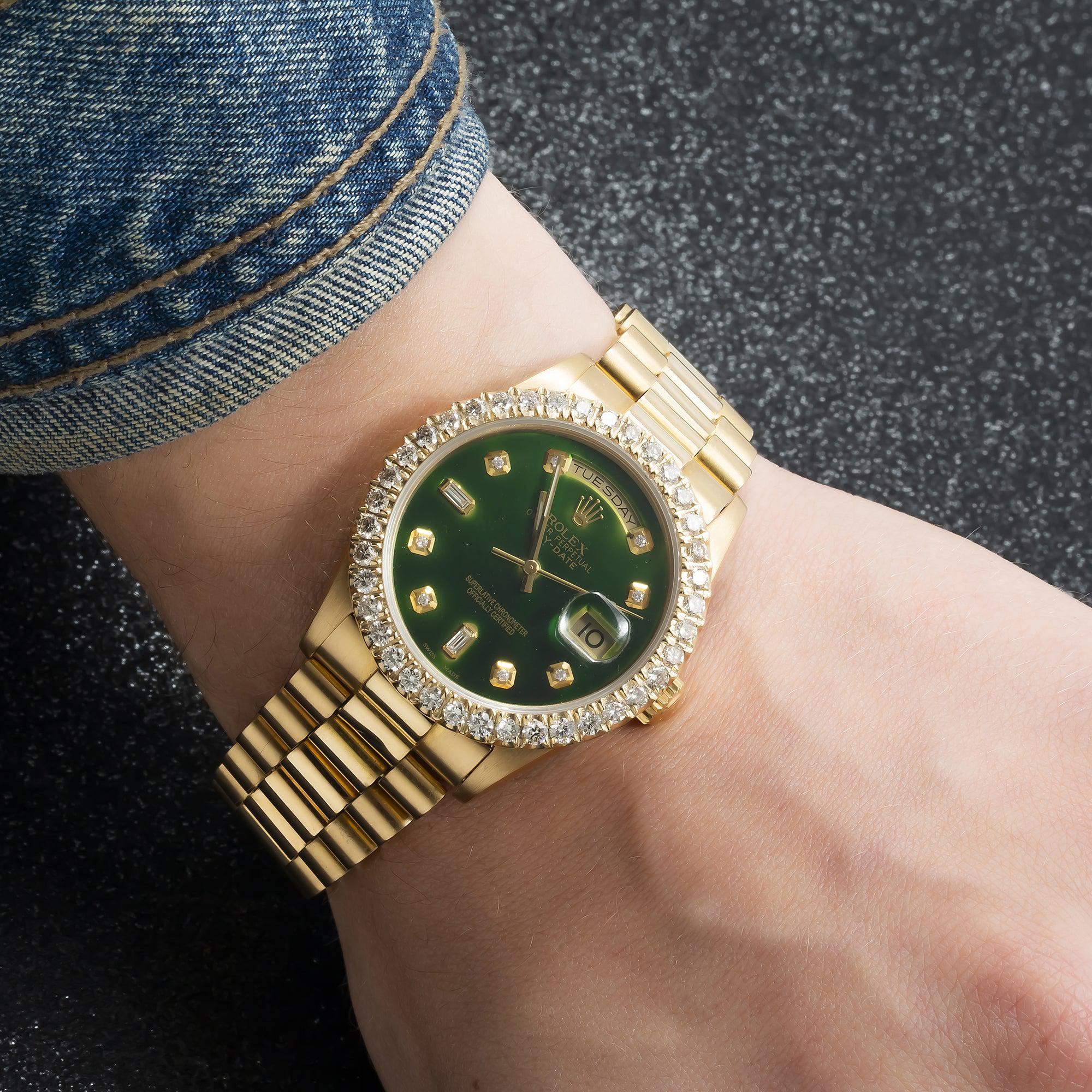 Rolex Day-Date 36MM 18238 Green Diamond Dial Diamond Bezel 18K Yellow Gold President Bracelet