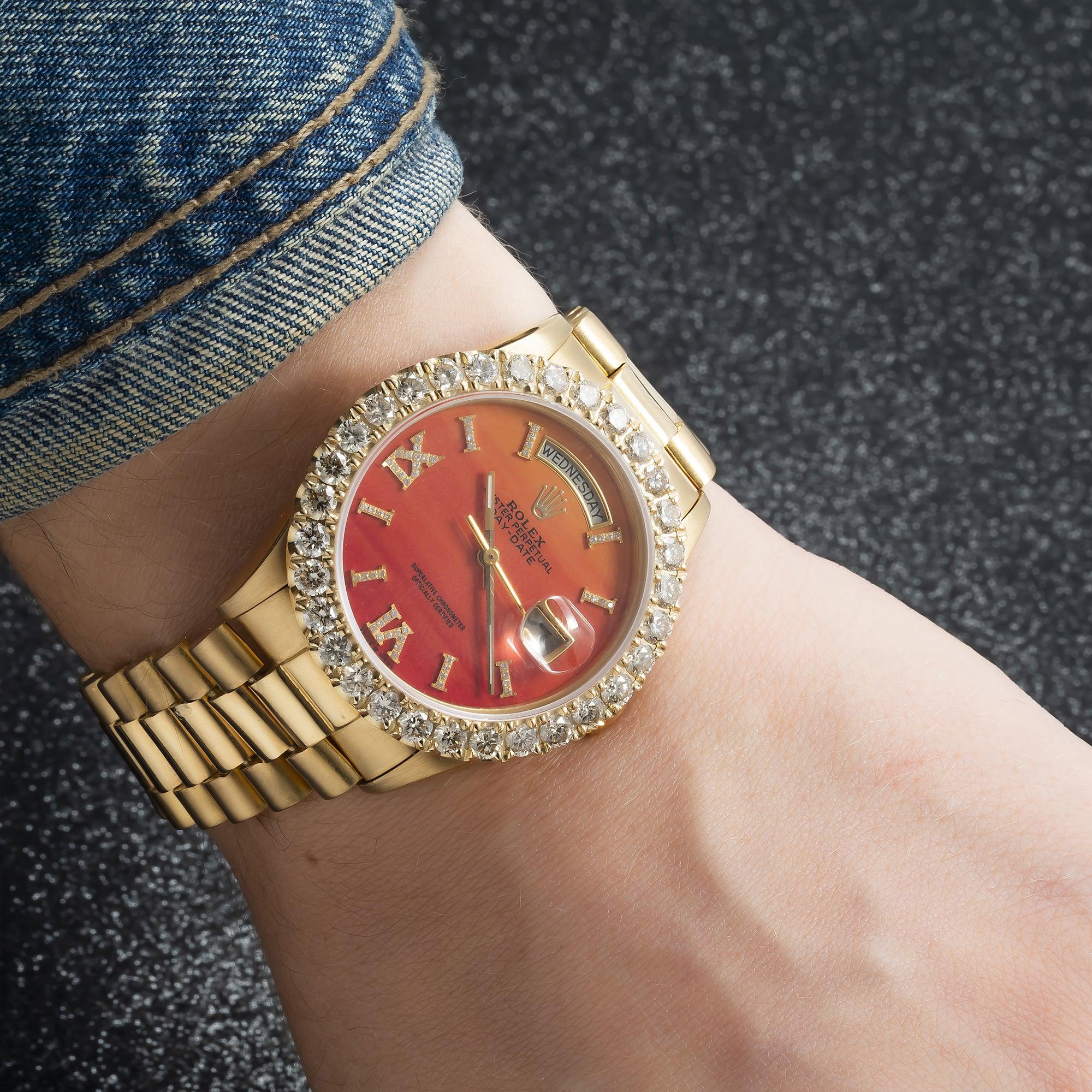 Rolex Day-Date 36MM 18238 Red Roman Diamond Dial Diamond Bezel 18K Yellow Gold President Bracelet