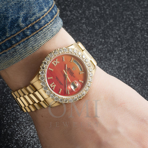 Rolex Day-Date 36MM Red Orange Diamond Dial With Yellow Gold Diamond Bezel