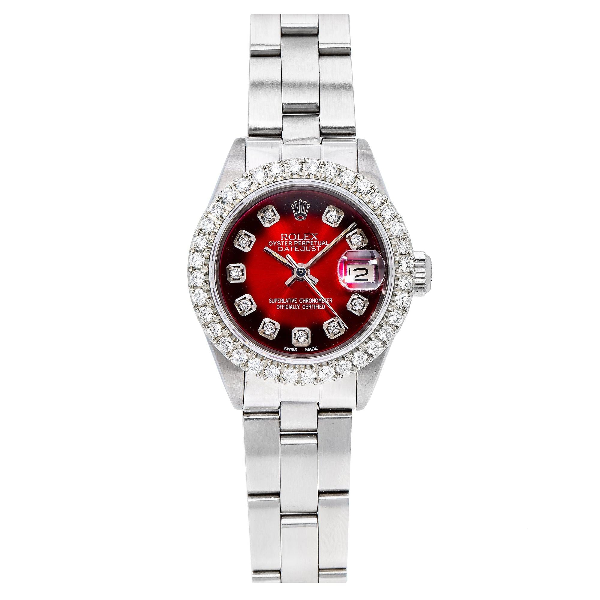 Rolex Datejust 26MM 69160 Red Diamond Dial Diamond Bezel Stainless Steel Oyster Bracelet