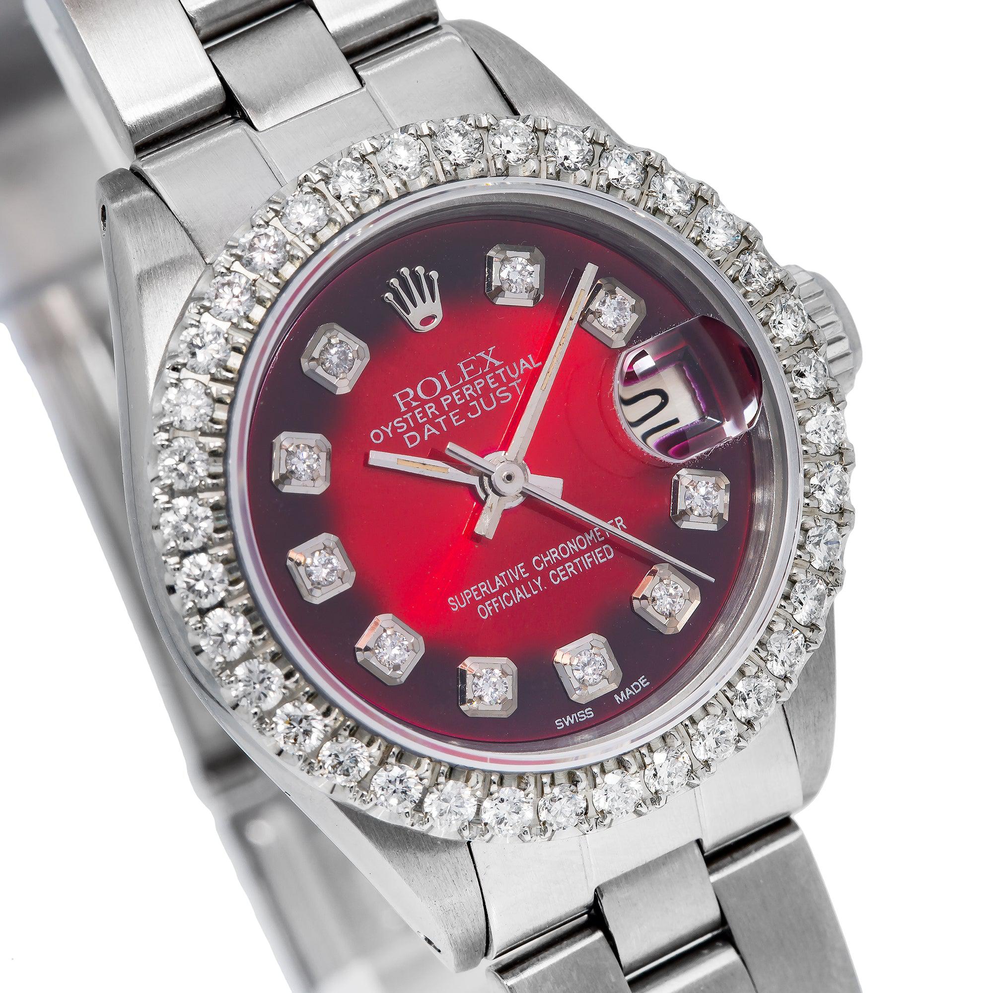 Rolex Datejust 26MM 69160 Red Diamond Dial Diamond Bezel Stainless Steel Oyster Bracelet