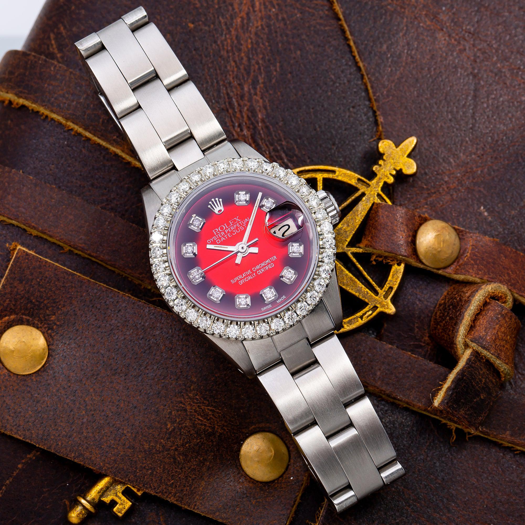 Rolex Datejust 26MM 69160 Red Diamond Dial Diamond Bezel Stainless Steel Oyster Bracelet