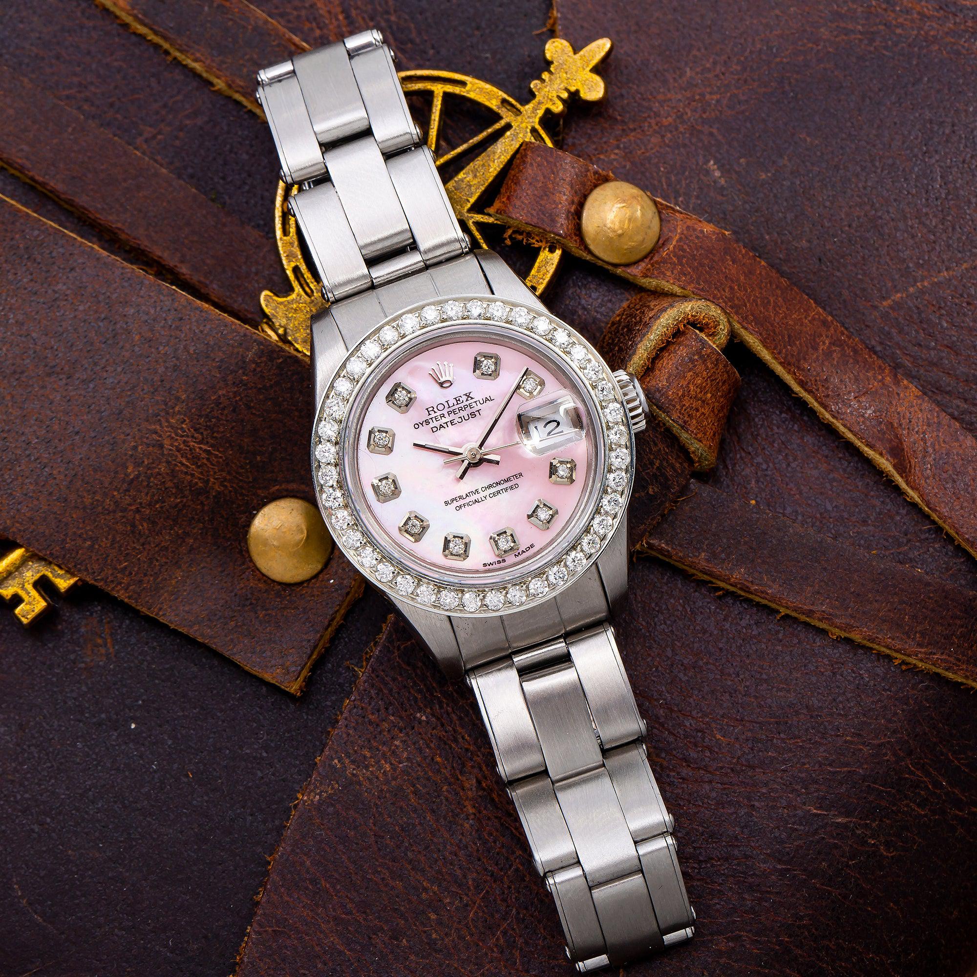 Rolex Datejust 26MM 69160 Pink Mother of Pearl Diamond Dial Diamond Bezel Stainless Steel Oyster Bracelet 0.9ct