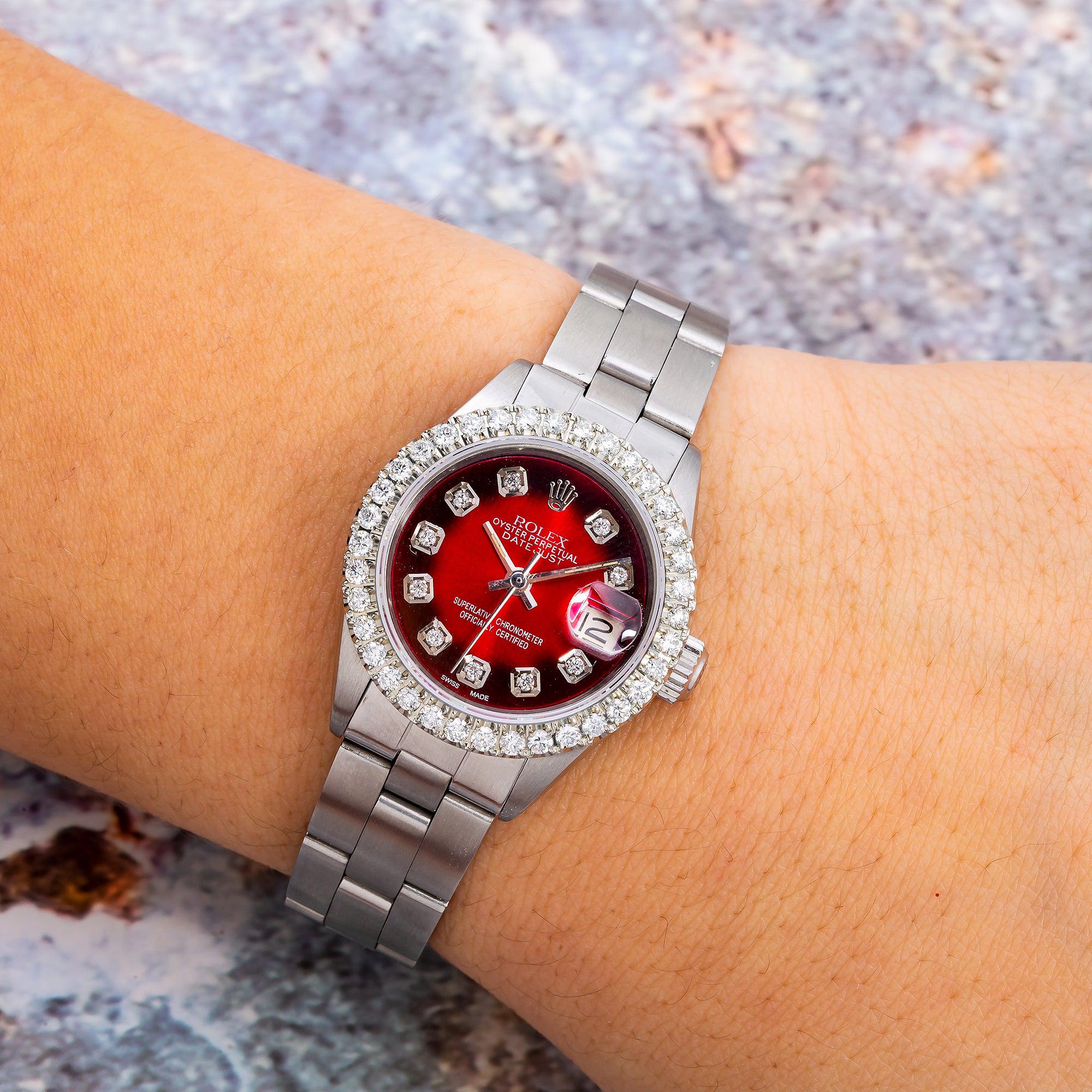Rolex Datejust 26MM 69160 Red Diamond Dial Diamond Bezel Stainless Steel Oyster Bracelet
