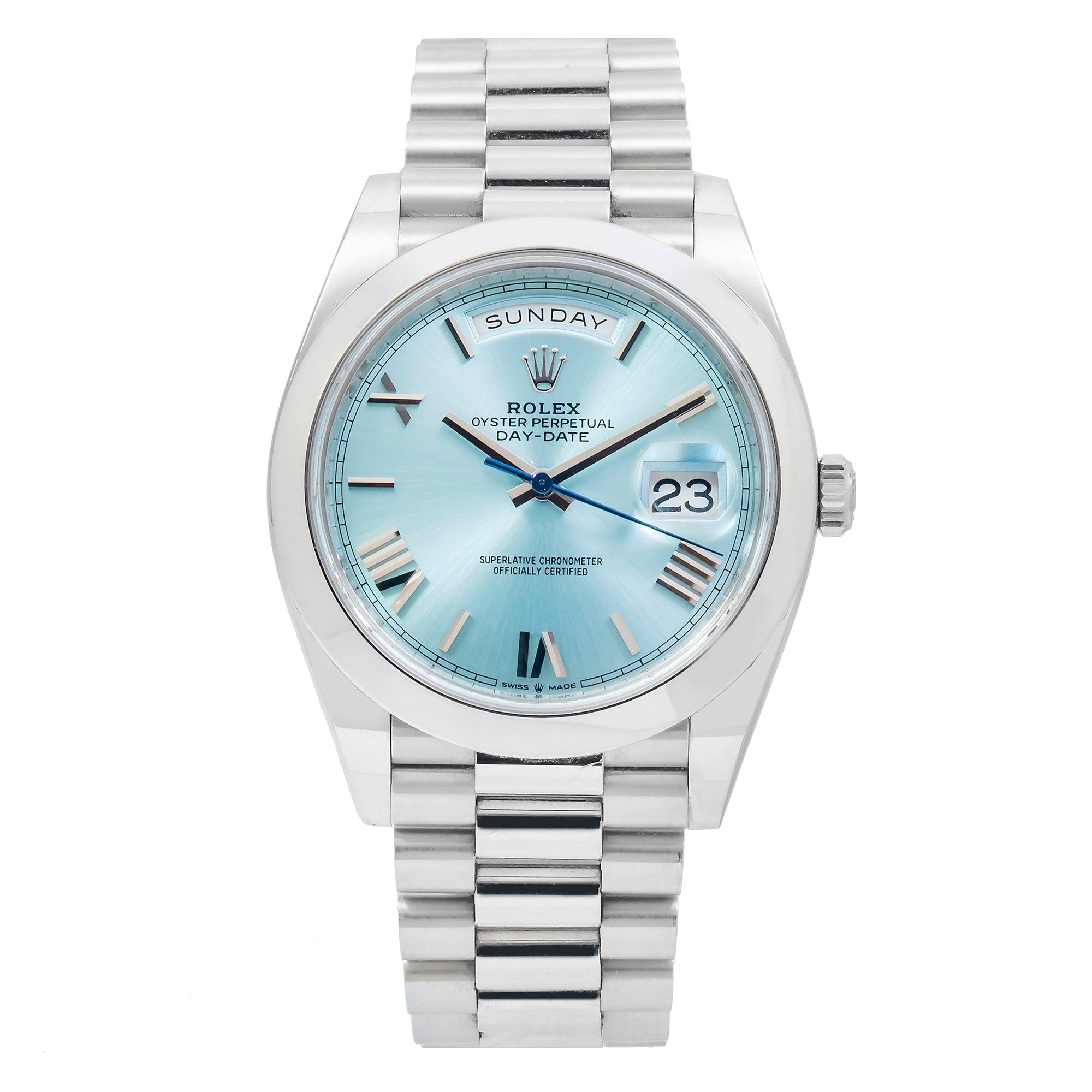 Rolex Day-Date 40MM 228206 Ice Blue Roman Dial Platinum Bezel Platinum President Bracelet