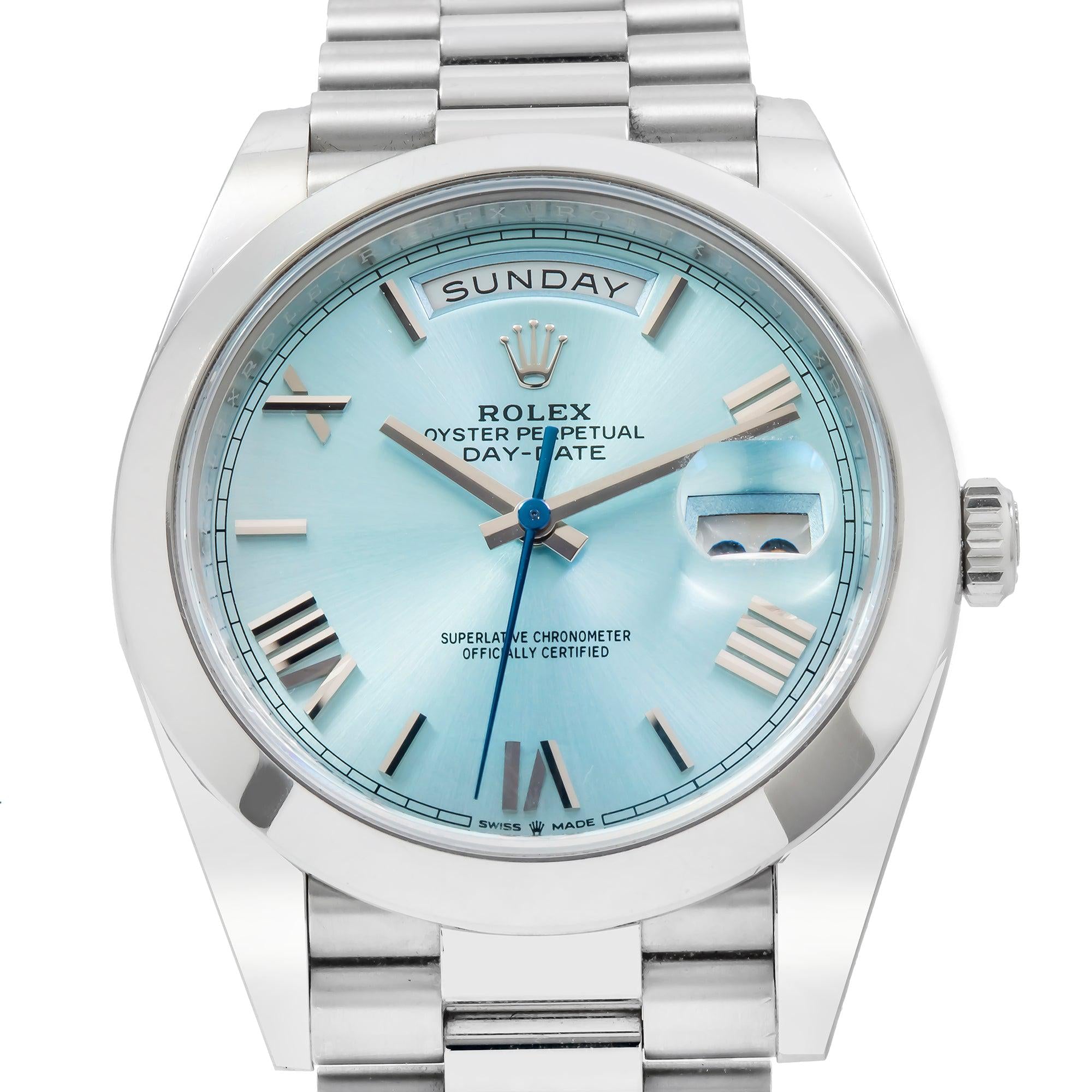 Rolex Day-Date 40MM 228206 Ice Blue Roman Dial Platinum Smooth Bezel Platinum President Bracelet