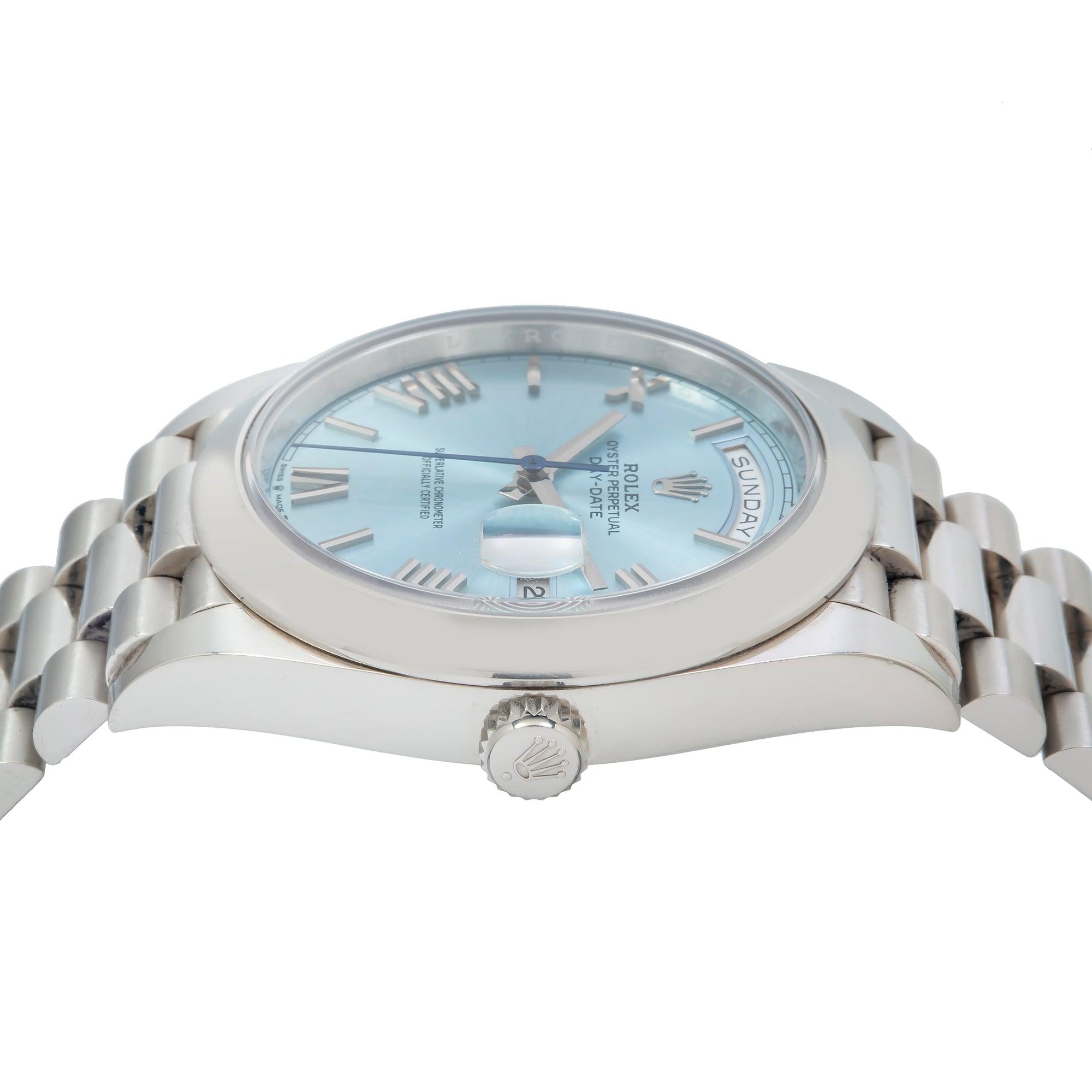 Rolex Day-Date 40MM 228206 Ice Blue Roman Dial Platinum Smooth Bezel Platinum President Bracelet
