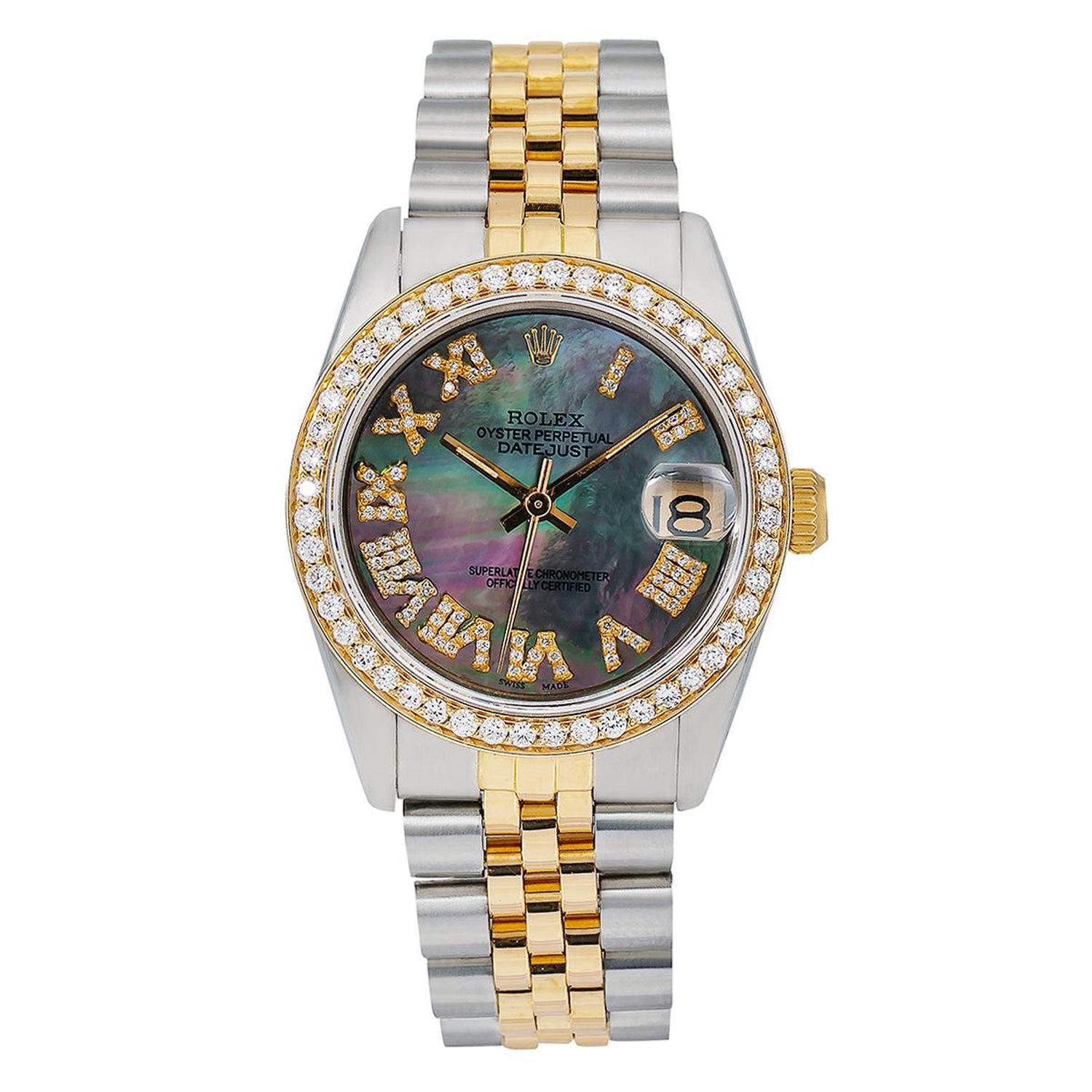 Rolex Datejust 31MM 6824 Black Mother of Pearl Roman Dial Diamond Bezel Two Tone Jubilee Bracelet