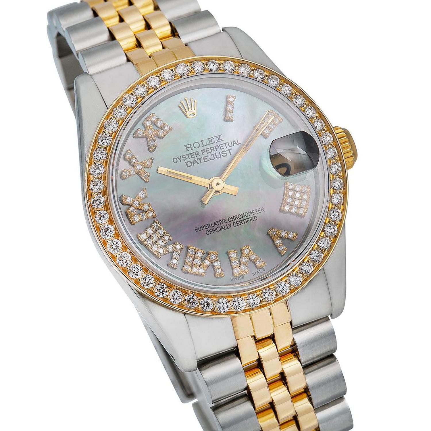 Rolex Datejust 31MM 6824 Black Mother of Pearl Roman Diamond Dial Diamond Bezel Two Tone Yellow Gold Jubilee Bracelet