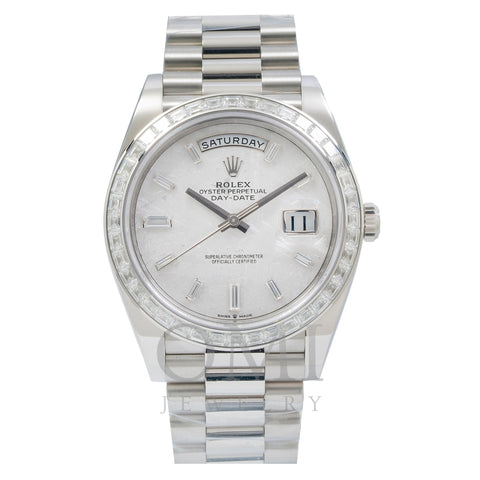 Rolex Day-Date 228396TBR 40MM Silver Mother Of Pearl Factory Baguette Diamond Dial And Bezel With Platinum Presidential Bracelet