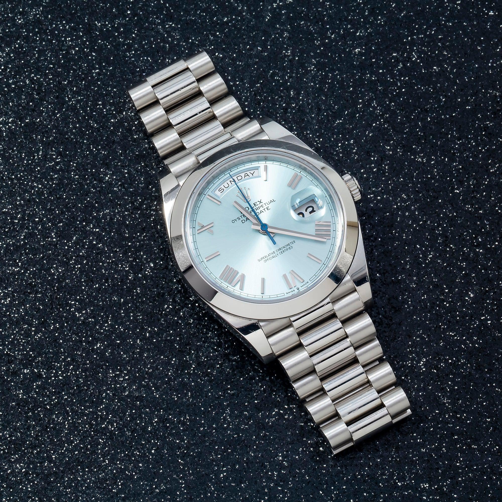 Rolex Day-Date 40MM 228206 Ice Blue Roman Dial Platinum Smooth Bezel Platinum President Bracelet