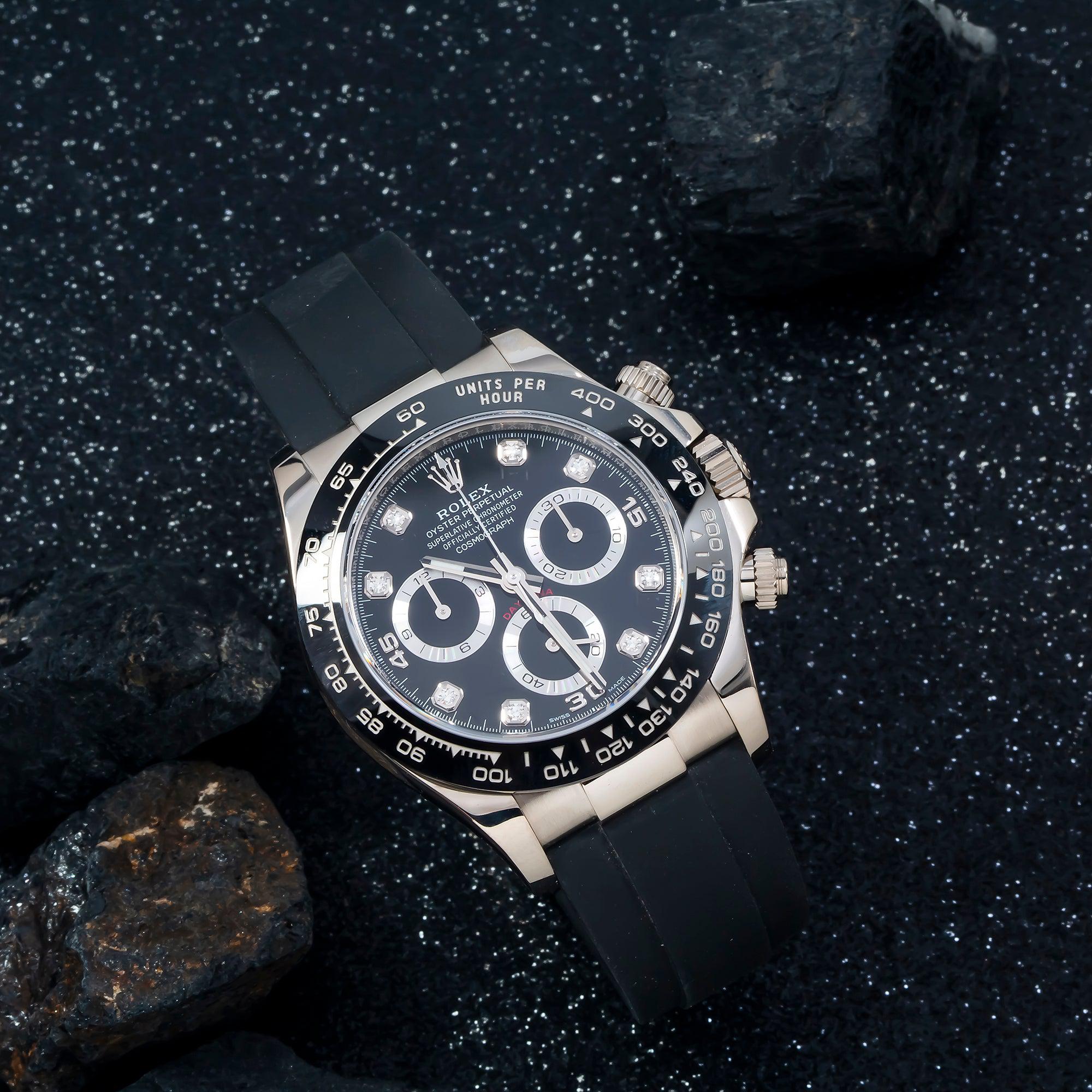Rolex Cosmograph Daytona 40MM 116519LN Black Diamond Dial Black Ceramic Tachymeter Bezel Black Oysterflex Strap