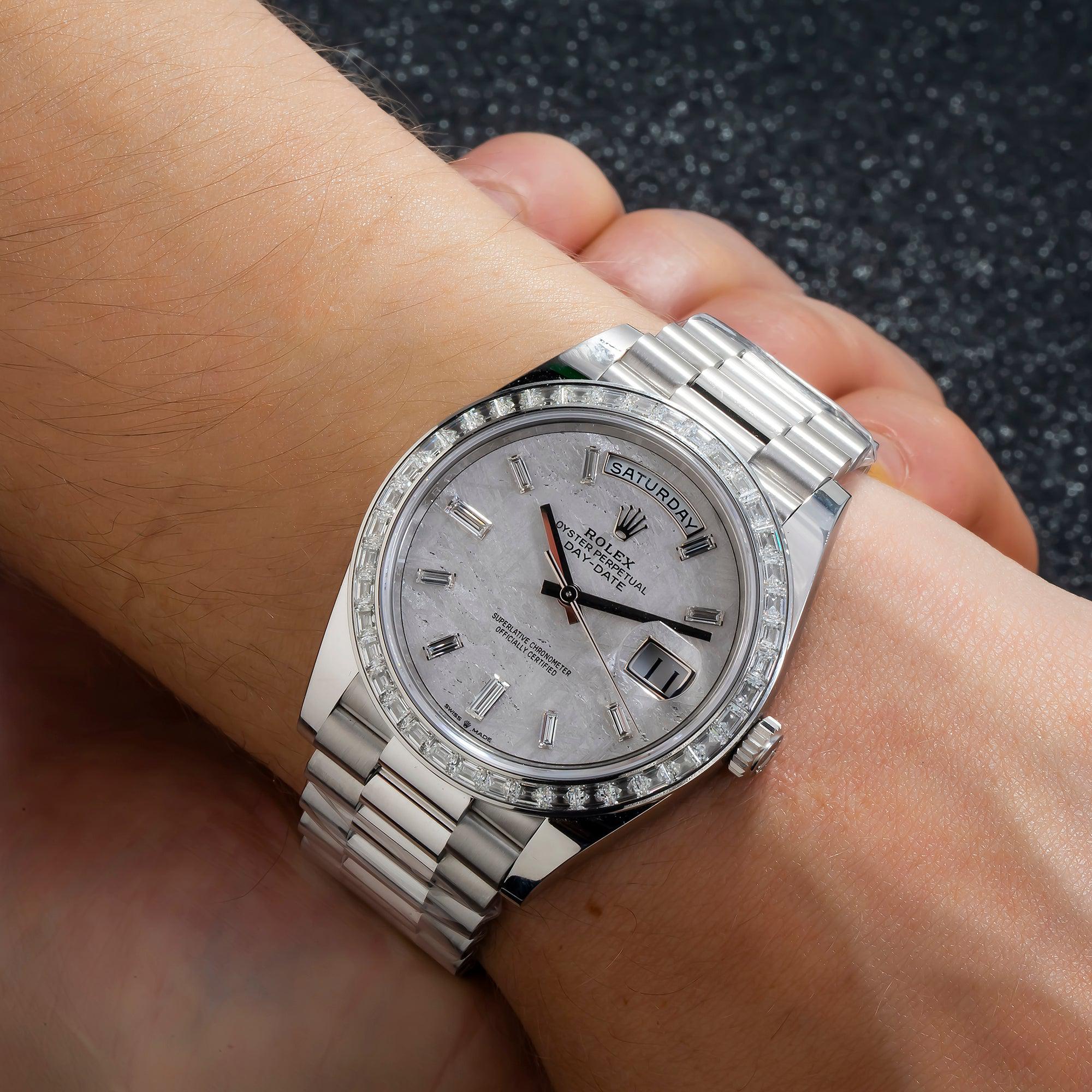 Rolex Day-Date 40MM 228396TBR White Mother of Pearl Baguette Diamond Dial Diamond Bezel Platinum President Bracelet