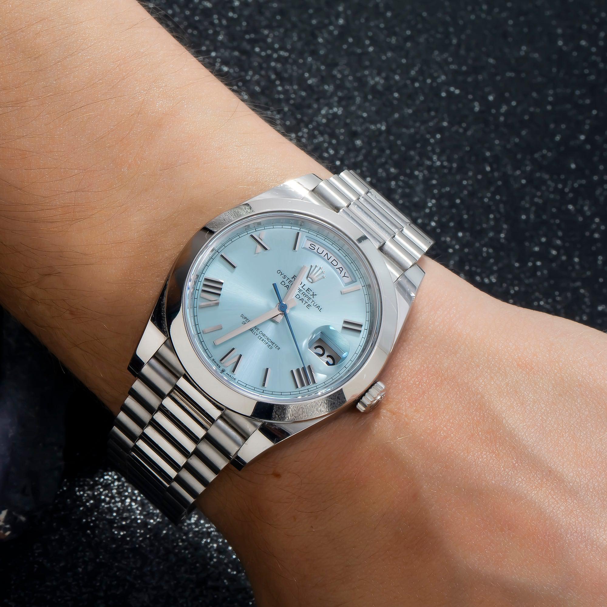 Rolex Day-Date 40MM 228206 Ice Blue Roman Dial Platinum Smooth Bezel Platinum President Bracelet