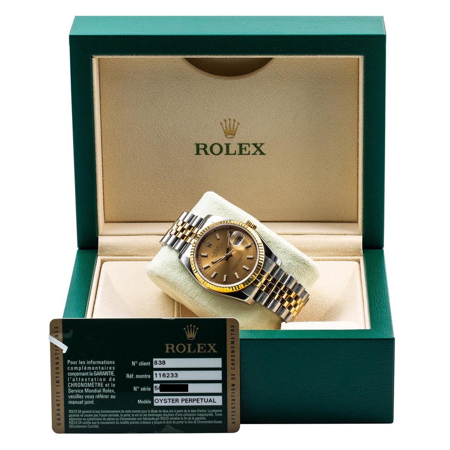 Rolex Datejust 36MM 116233 Champagne Dial Fluted Bezel Two Tone Yellow Gold Jubilee Bracelet