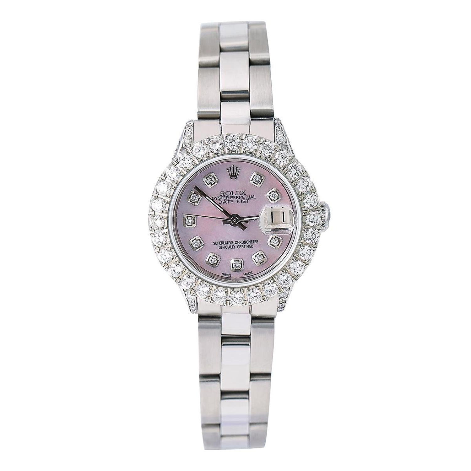 Rolex Datejust 26MM 69160 Pink Mother of Pearl Diamond Dial Diamond Bezel Stainless Steel Oyster Bracelet