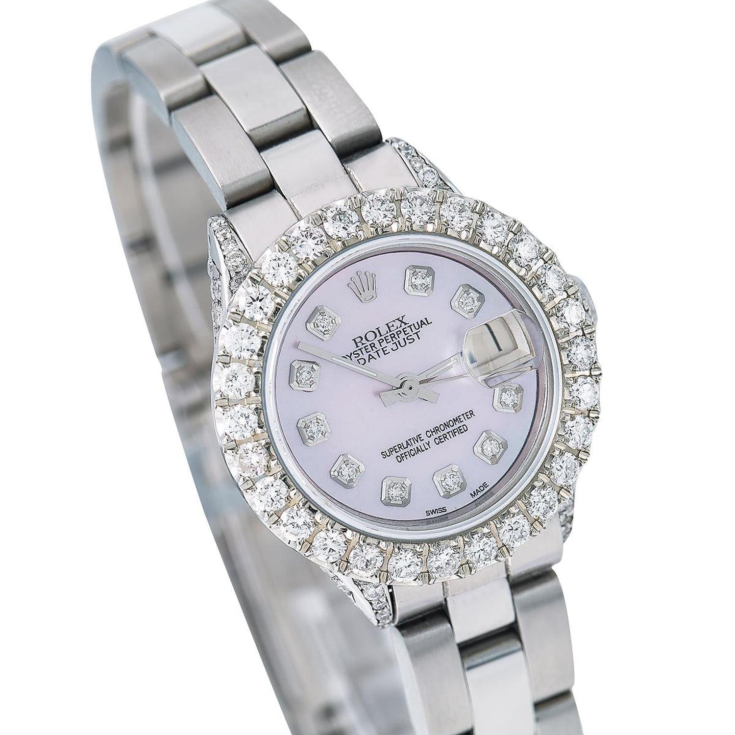 Rolex Datejust 26MM 69160 Pink Mother of Pearl Diamond Dial Diamond Bezel Stainless Steel Oyster Bracelet