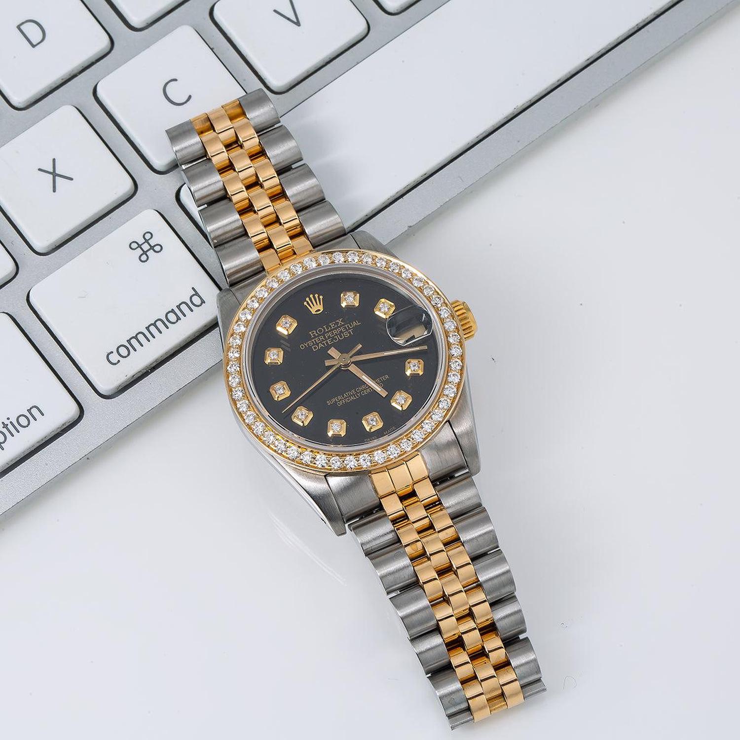 Rolex Datejust 31MM 6824 Black Diamond Dial Diamond Bezel Two Tone Yellow Gold Jubilee Bracelet