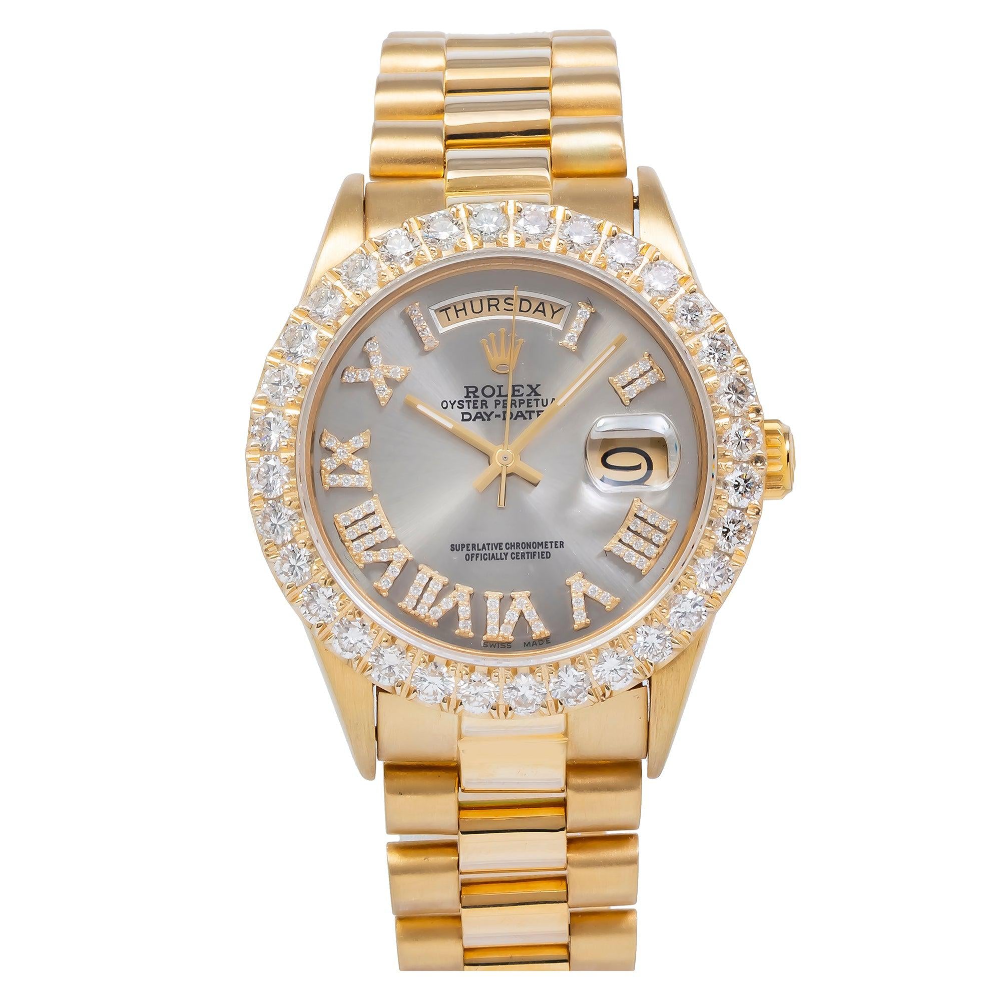 Rolex Day-Date 36MM 18038 Silver Roman Dial Diamond Bezel 18K Yellow Gold President Bracelet