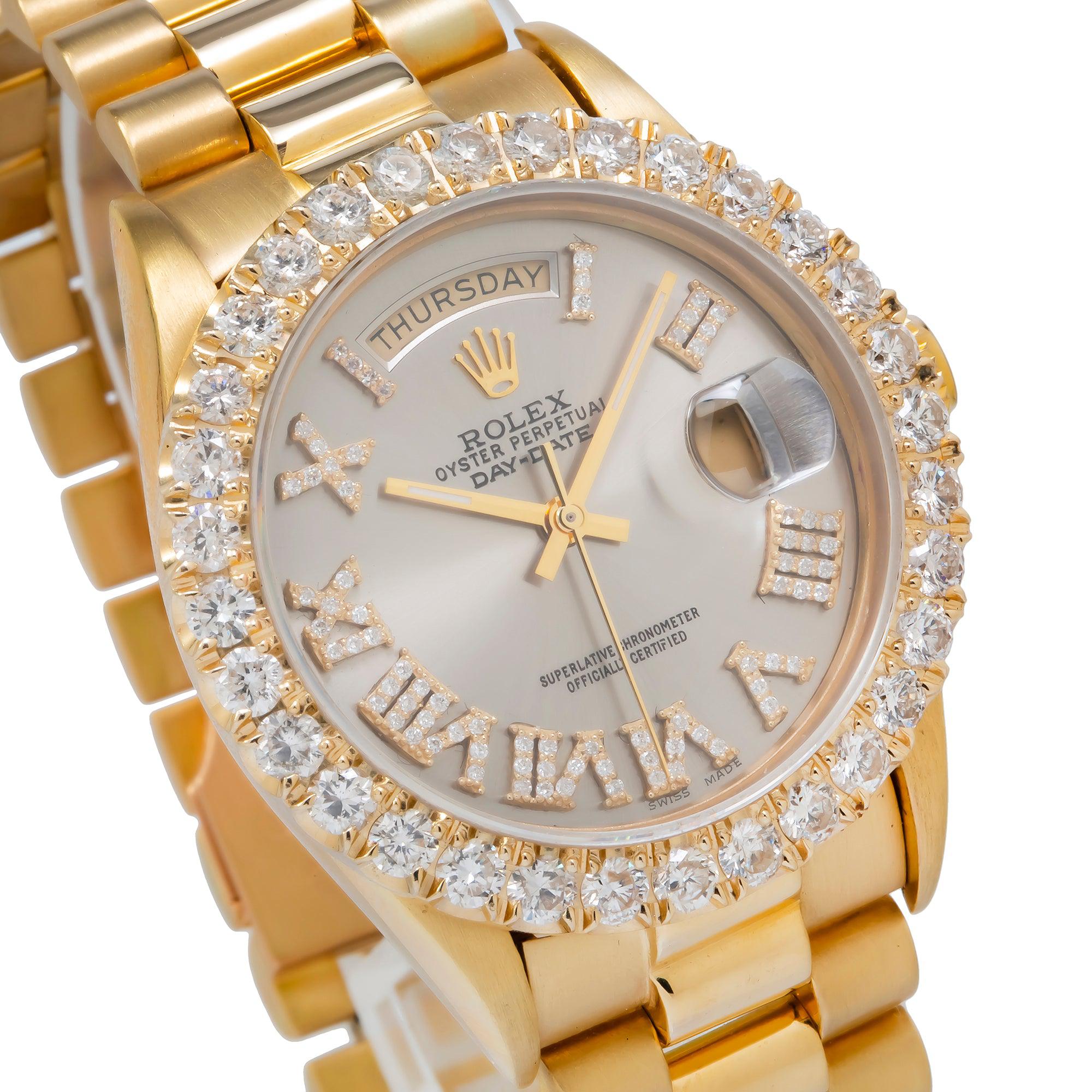 Rolex Day-Date 36MM 18038 Silver Roman Diamond Dial Diamond Bezel 18K Yellow Gold President Bracelet