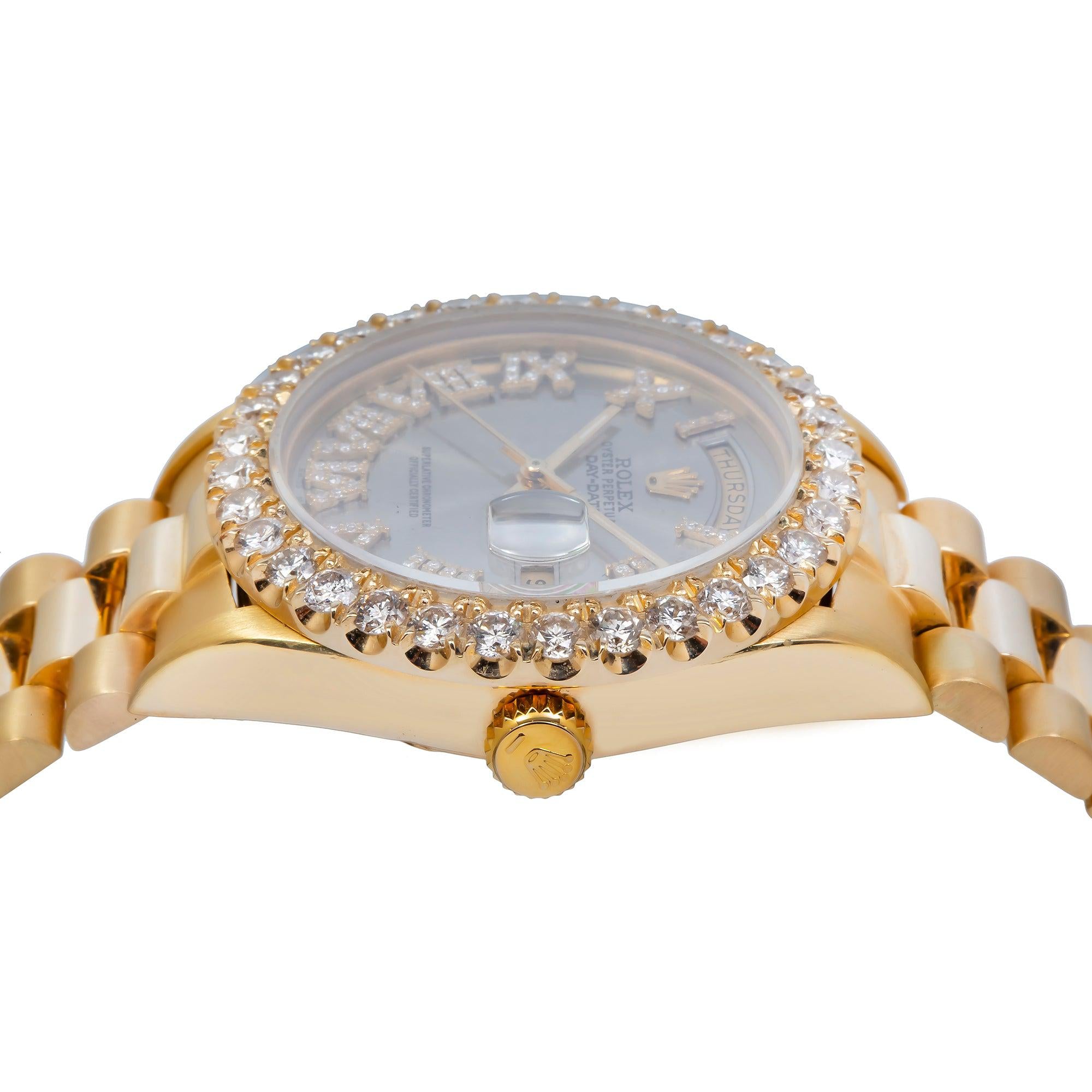Rolex Day-Date 36MM 18038 Silver Roman Diamond Dial Diamond Bezel 18K Yellow Gold President Bracelet
