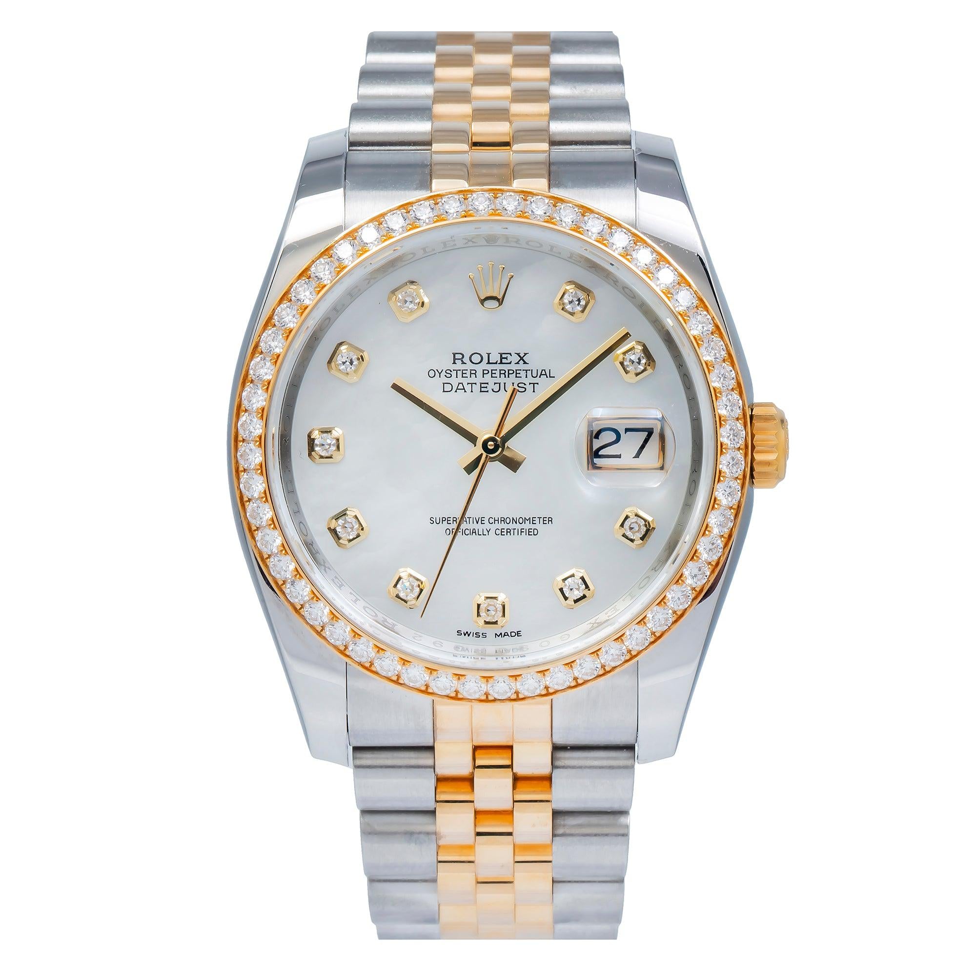 Rolex Datejust 36MM 116243 Mother of Pearl Diamond Dial Diamond Bezel Two Tone Jubilee Bracelet