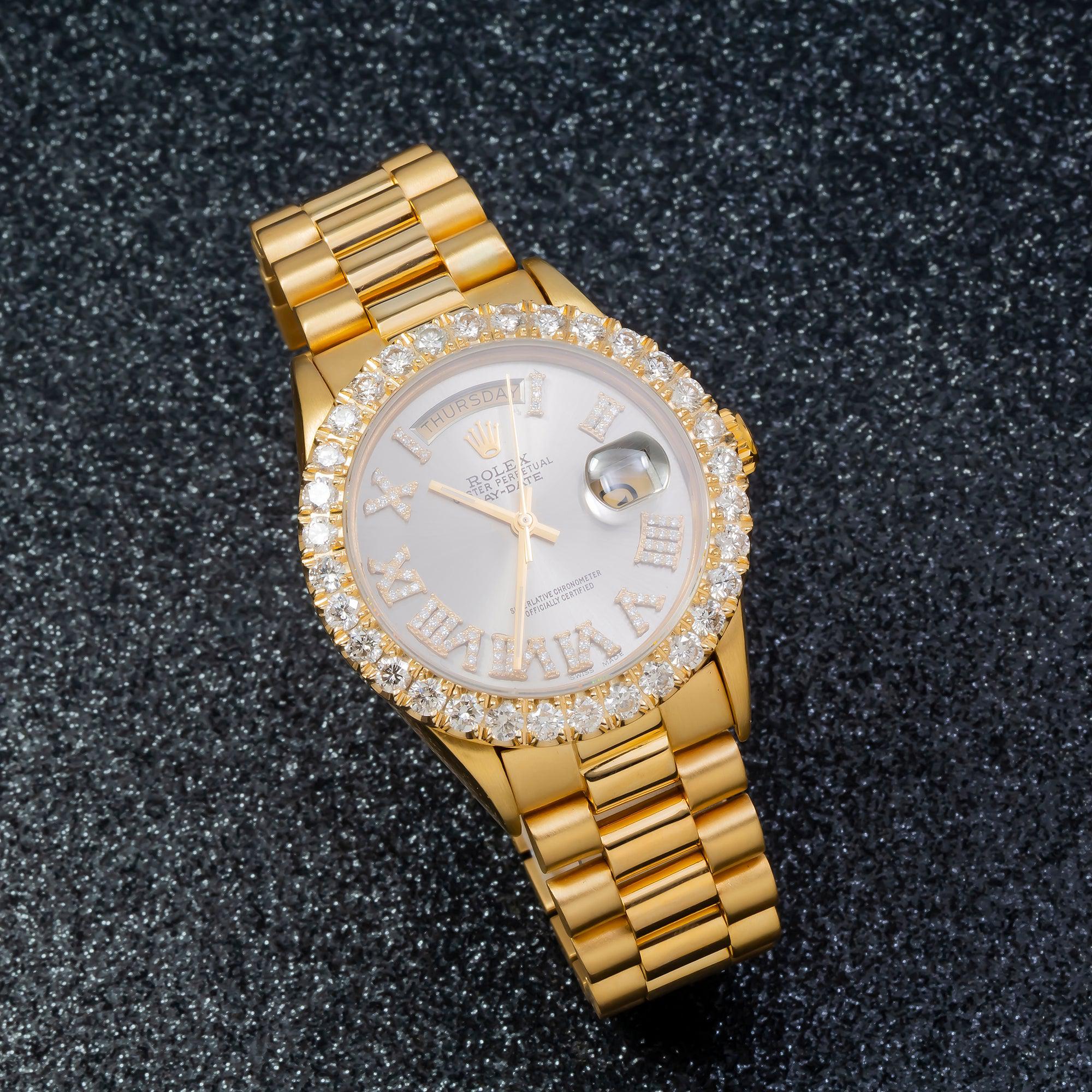Rolex Day-Date 36MM 18038 Silver Roman Diamond Dial Diamond Bezel 18K Yellow Gold President Bracelet