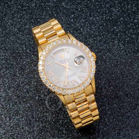 Rolex Day-Date 18038 36MM Silver Diamond Dial With Yellow Gold Diamond Bezel