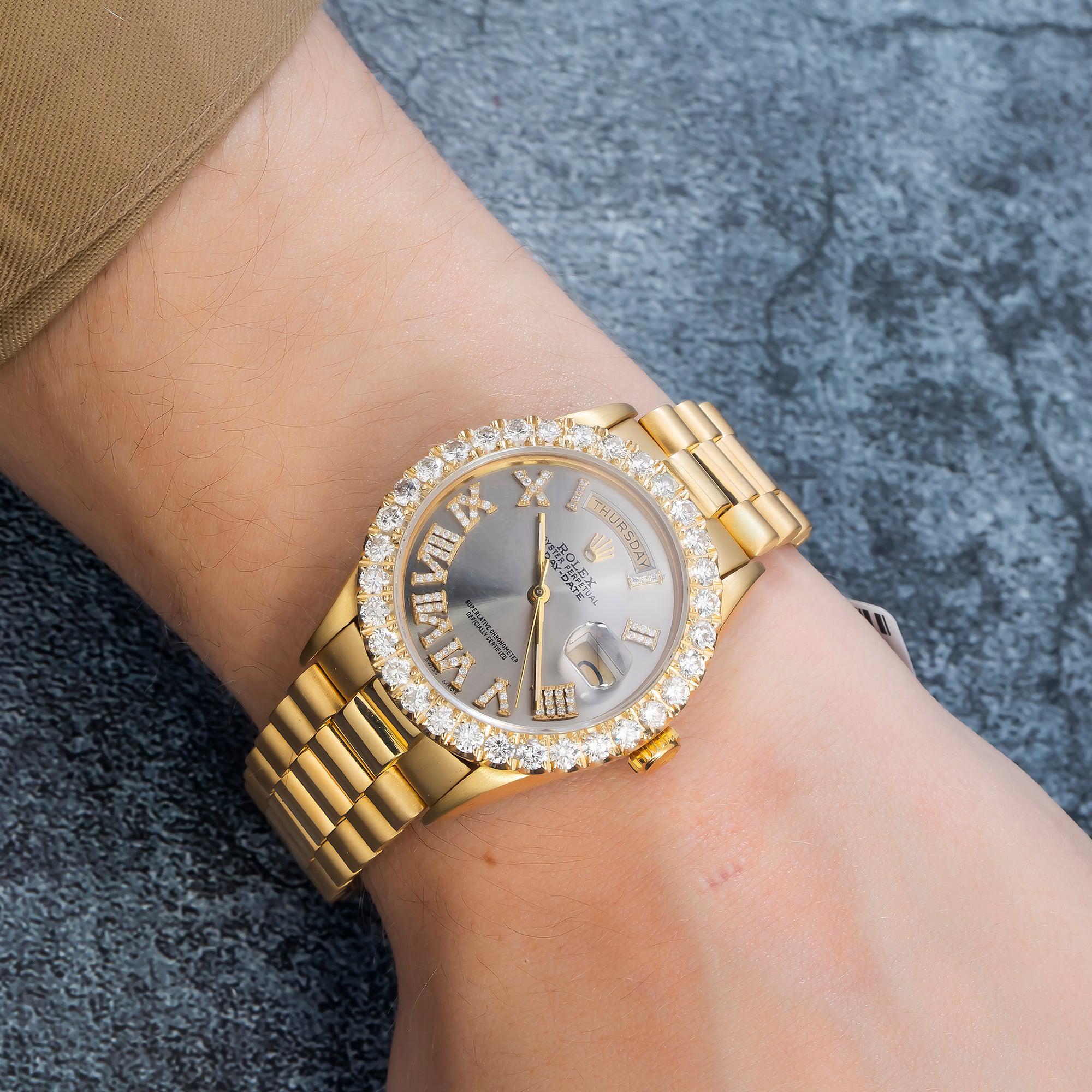 Rolex Day-Date 36MM 18038 Silver Roman Diamond Dial Diamond Bezel 18K Yellow Gold President Bracelet