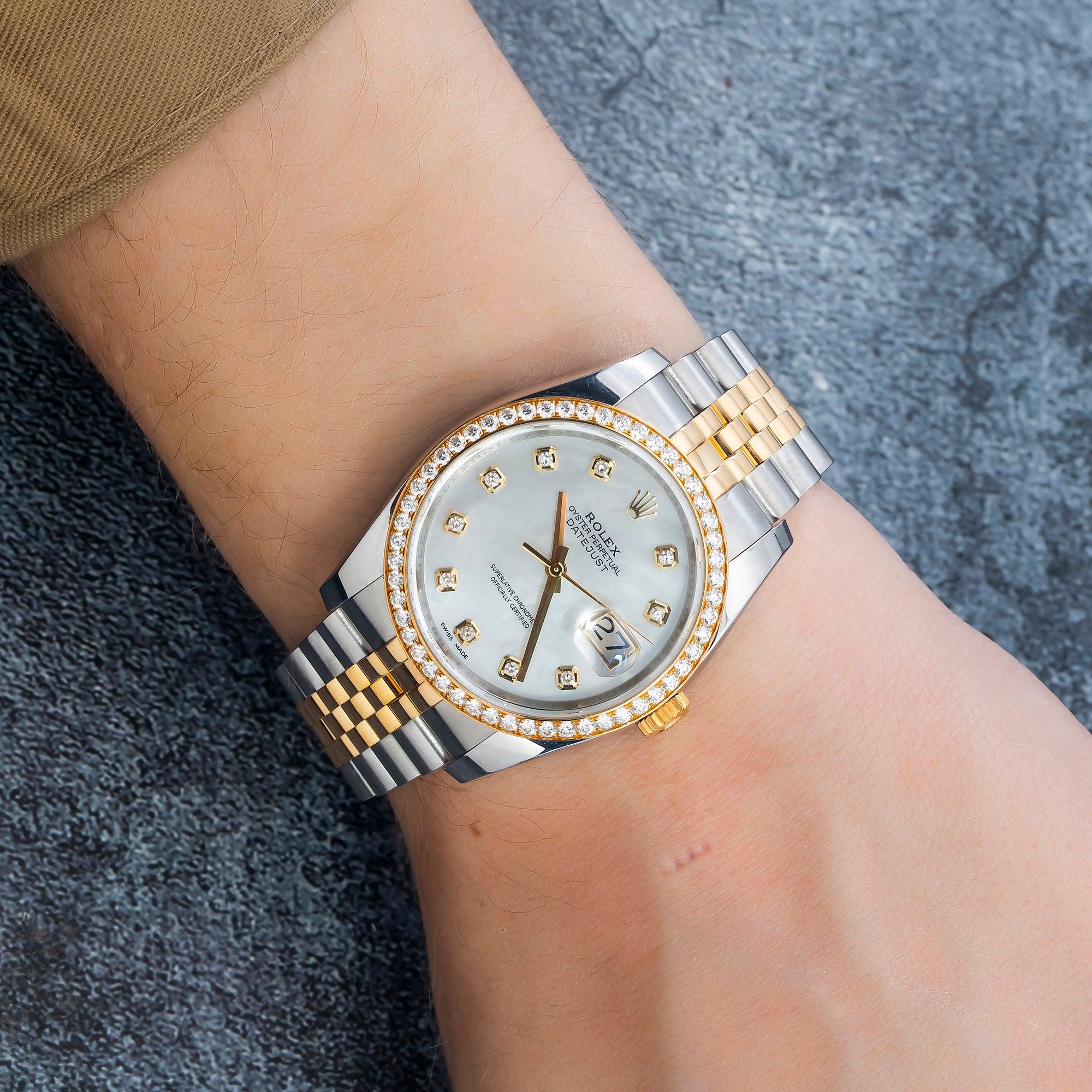 Rolex Datejust 36MM 116243 White Mother of Pearl Diamond Dial Diamond Bezel Two Tone Yellow Gold Jubilee Bracelet
