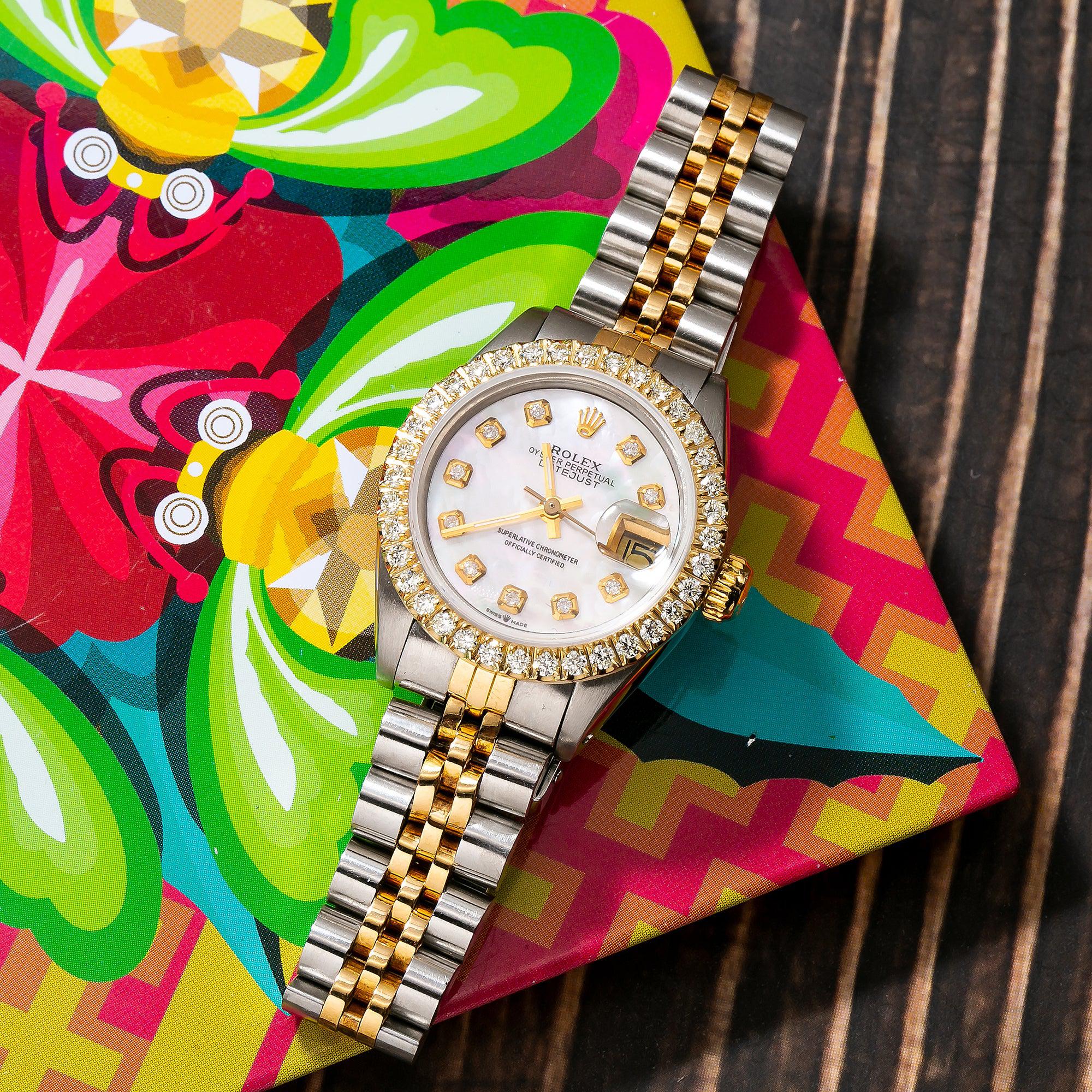Rolex Datejust 26MM 6917 White Mother of Pearl Diamond Dial Diamond Bezel Two Tone Yellow Gold Jubilee Bracelet
