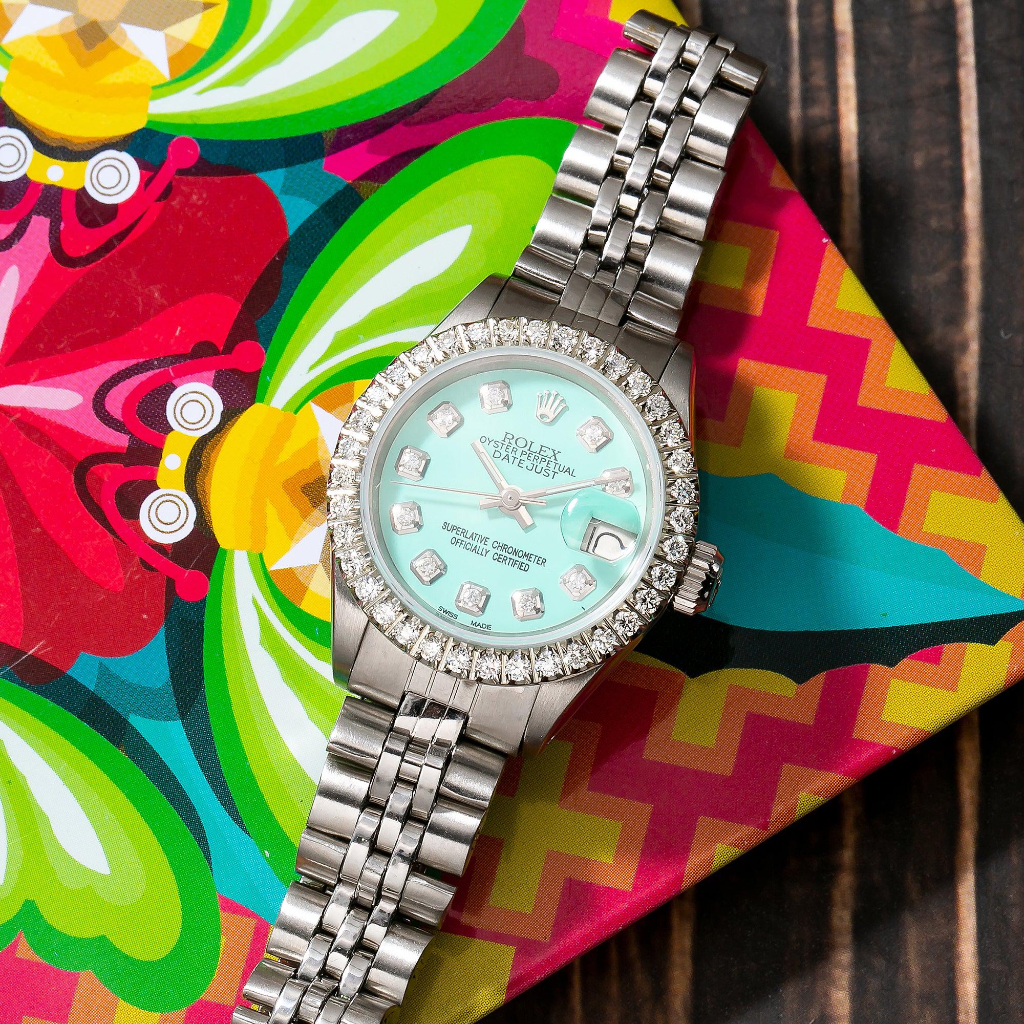 Rolex Datejust 26MM 69174 Turquoise Diamond Dial Diamond Bezel Stainless Steel Jubilee Bracelet