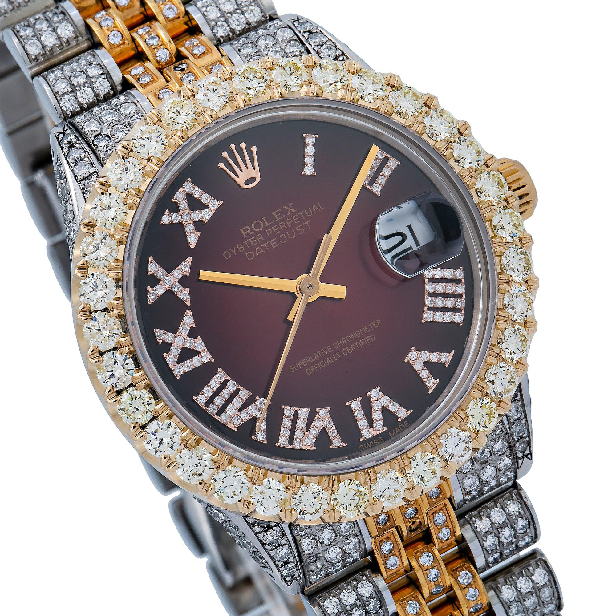 Rolex Datejust 36MM 16013 Red Roman Diamond Dial Diamond Bezel Two Tone Yellow Gold Full Diamond Jubilee Bracelet