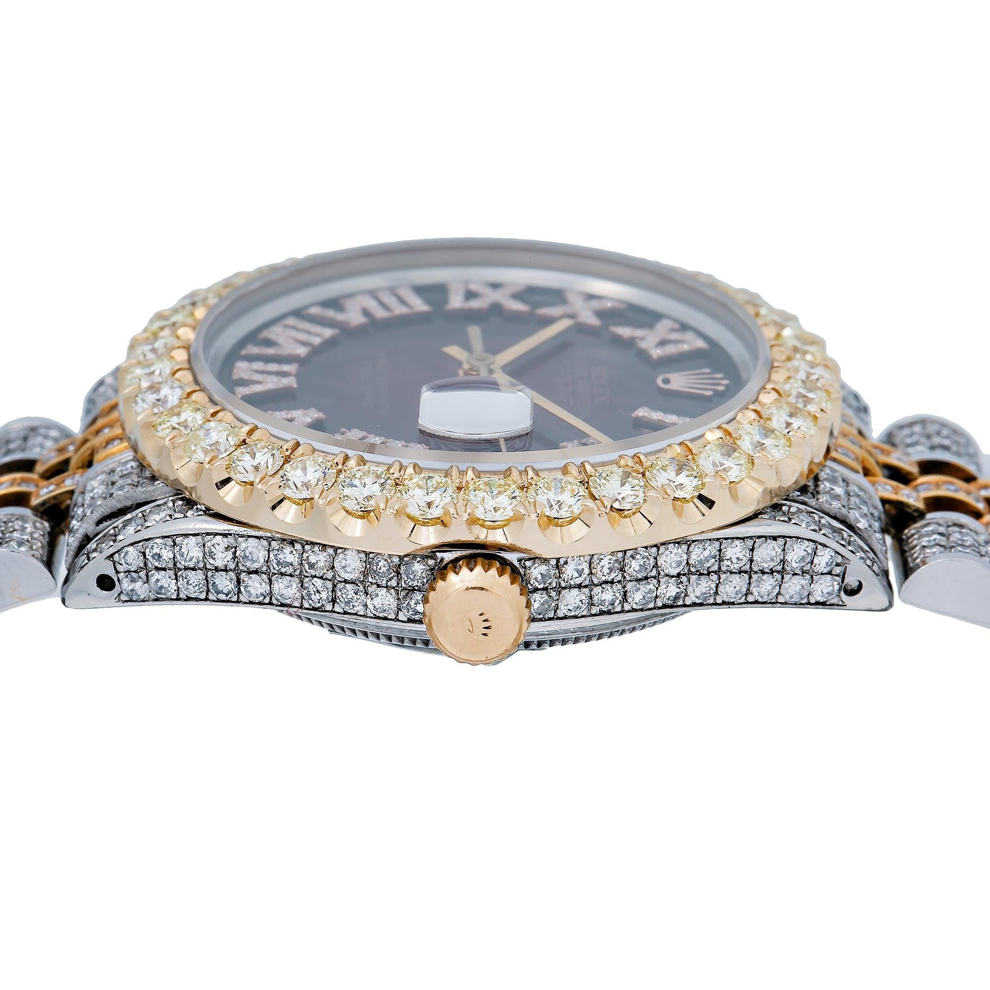 Rolex Datejust 36MM 16013 Red Roman Diamond Dial Diamond Bezel Two Tone Yellow Gold Full Diamond Jubilee Bracelet